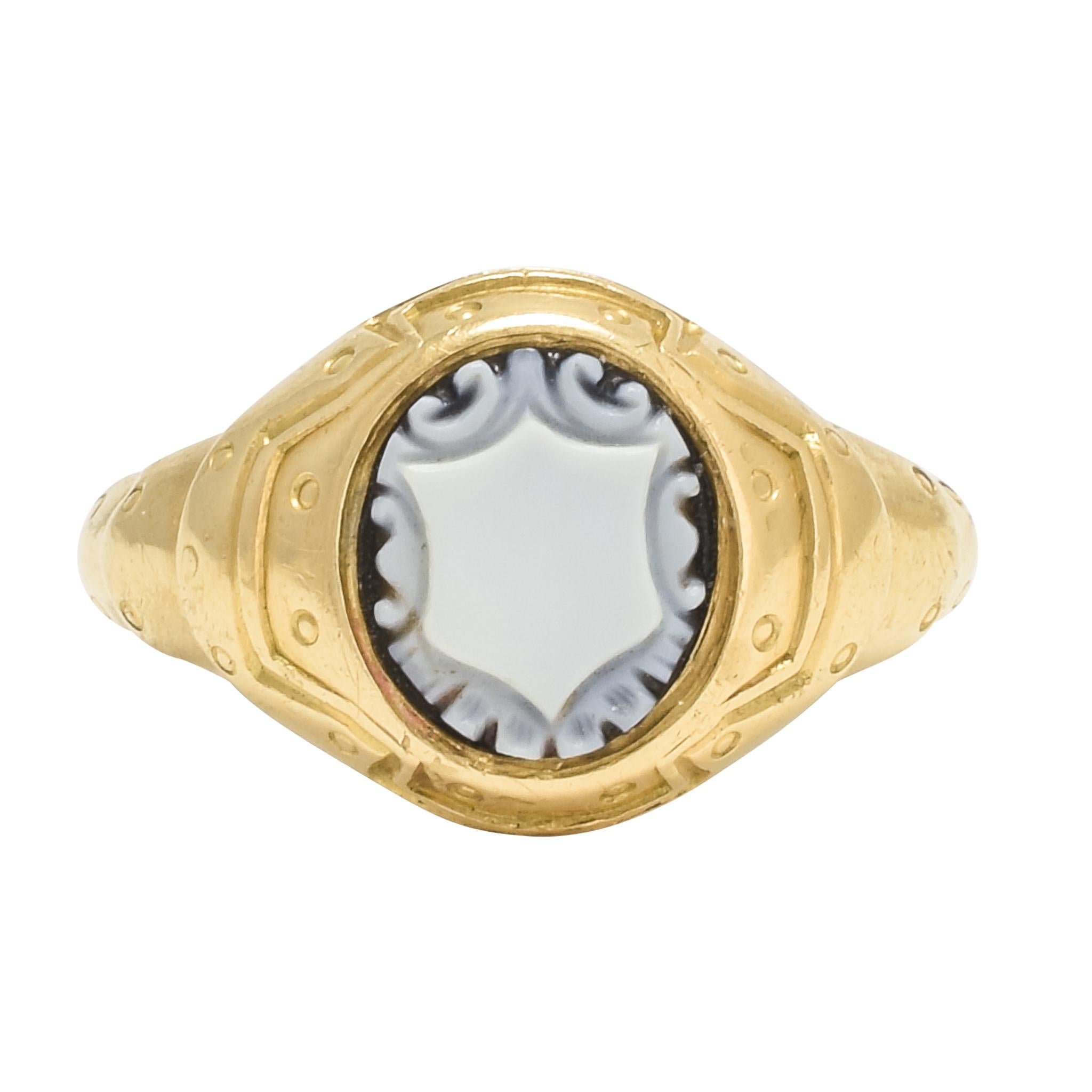 Antique Victorian Onyx Shield Armoured Gold Signet Ring