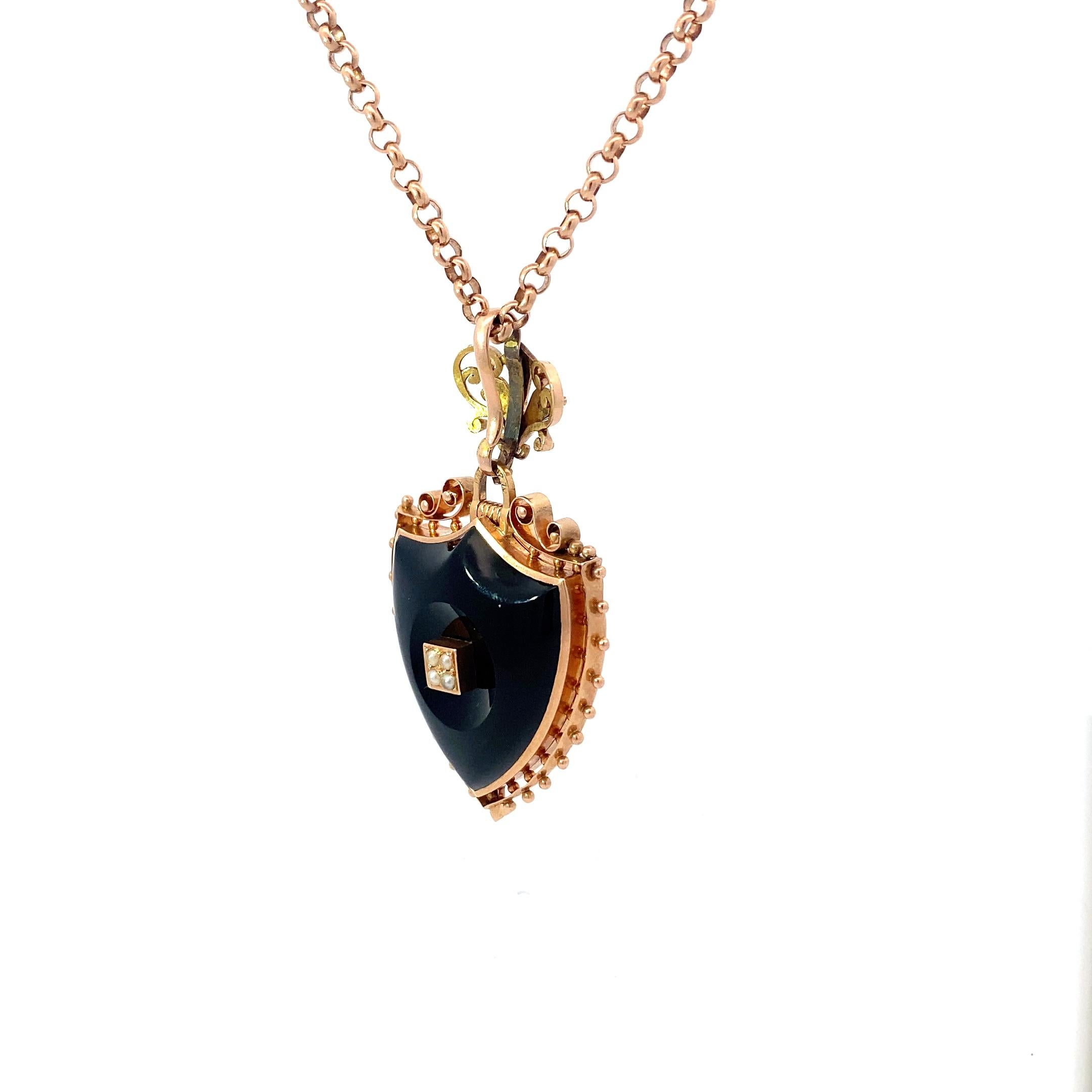 Women's or Men's Antique Victorian Onyx Shield Double Sided Locket with Pearl Detail For Sale