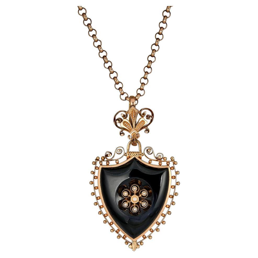 Antique Victorian Onyx Shield Double Sided Locket with Pearl Detail For Sale