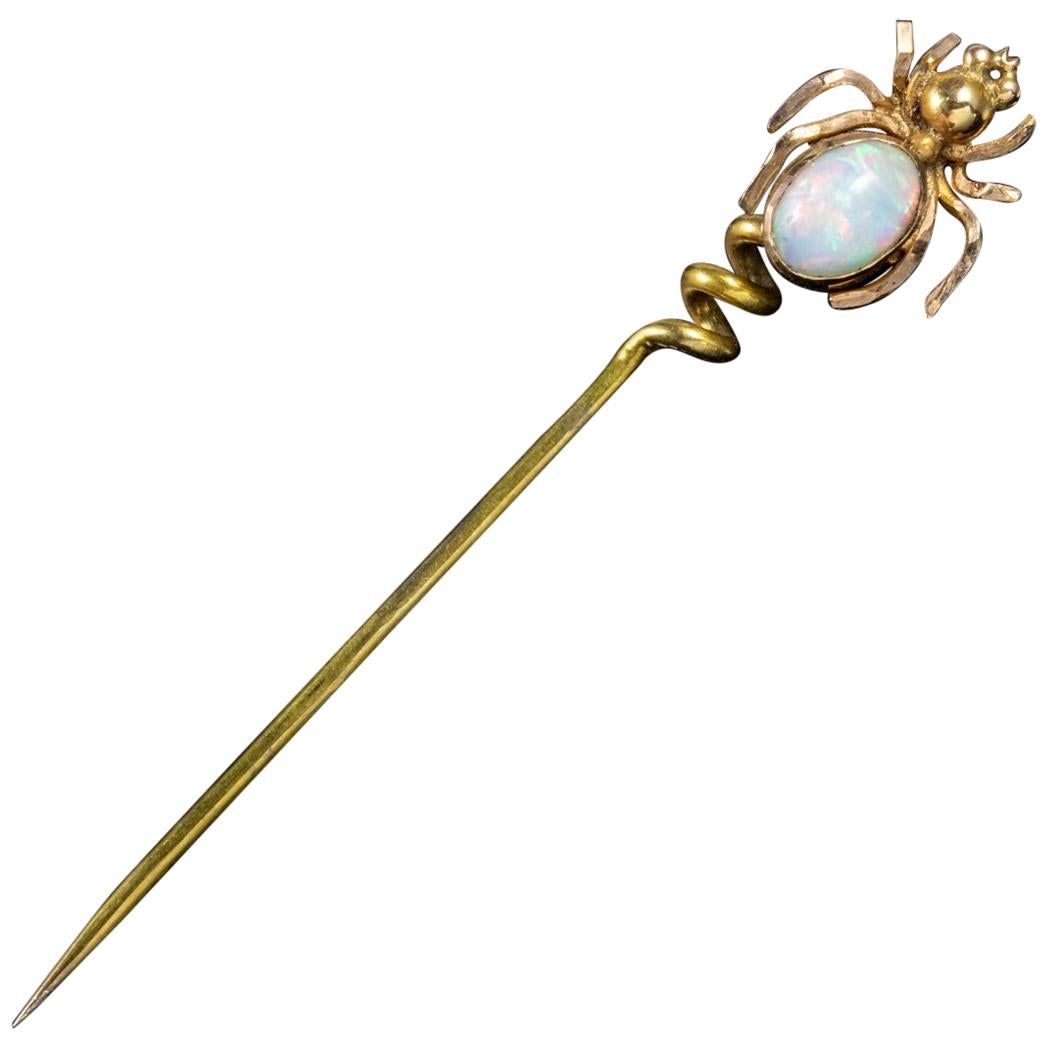 Antique Victorian Opal 15 Carat Gold Boxed circa 1900 Spider Pin For Sale