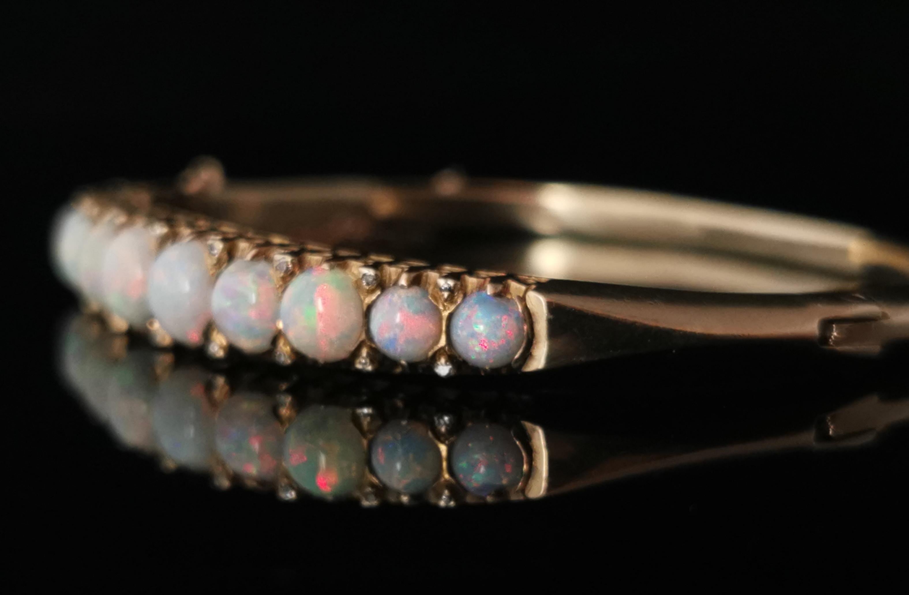 Antique Victorian Opal and Diamond Bangle, 9 Karat Yellow Gold In Fair Condition In NEWARK, GB