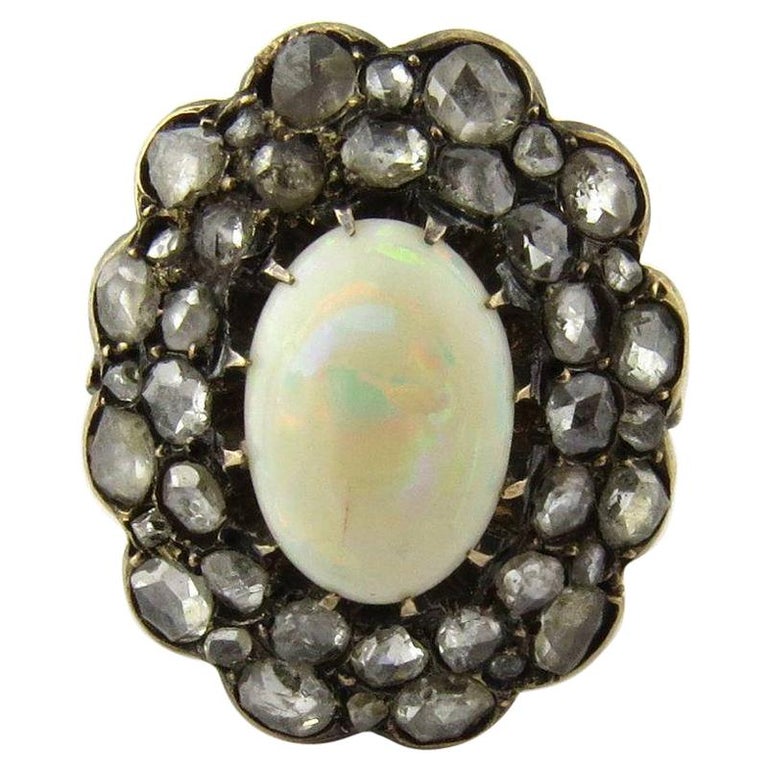 Antique Victorian Opal and Rose Cut Diamond 14 Karat Yellow Gold Ring ...