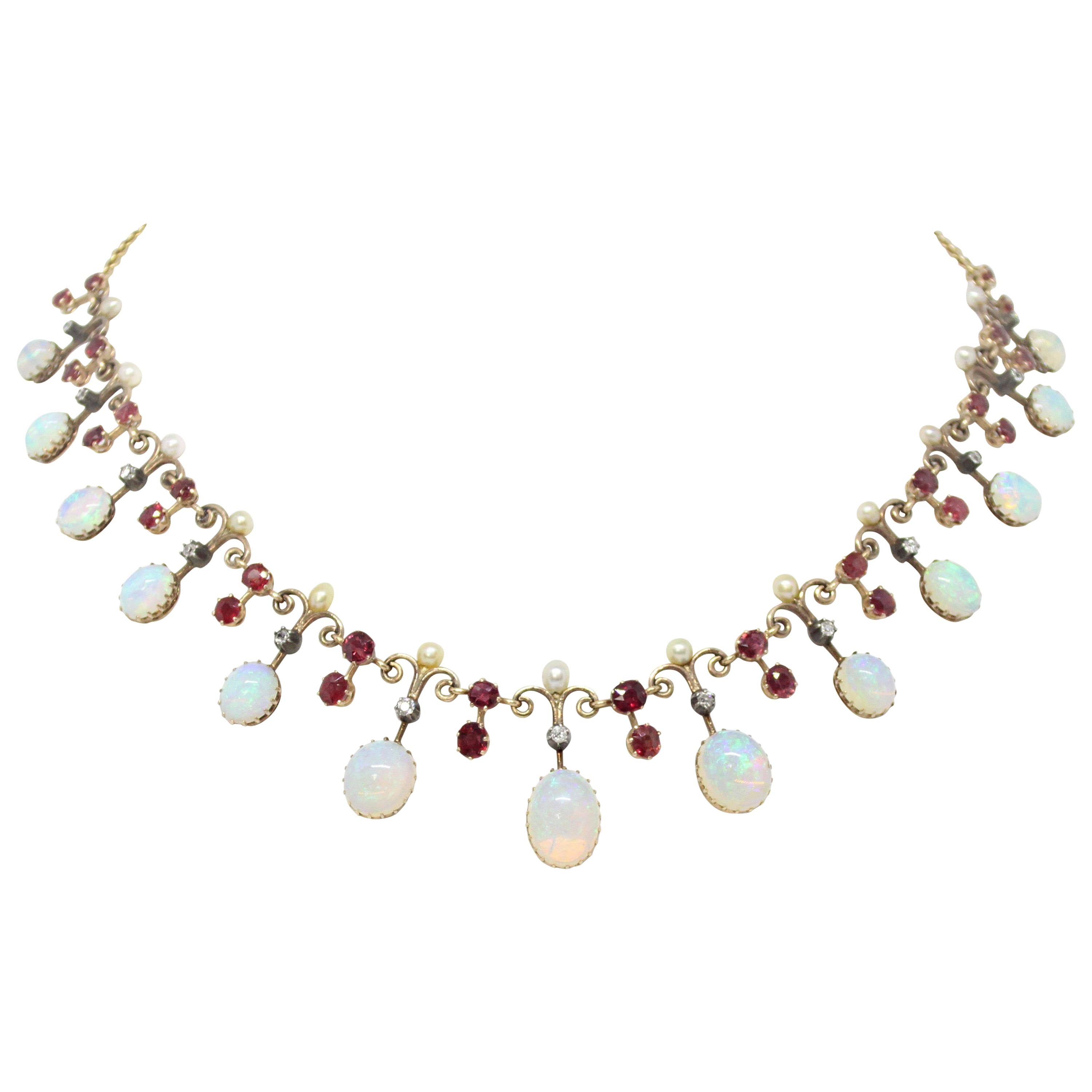 Antique Victorian Opal and Ruby Necklace, circa 1890s