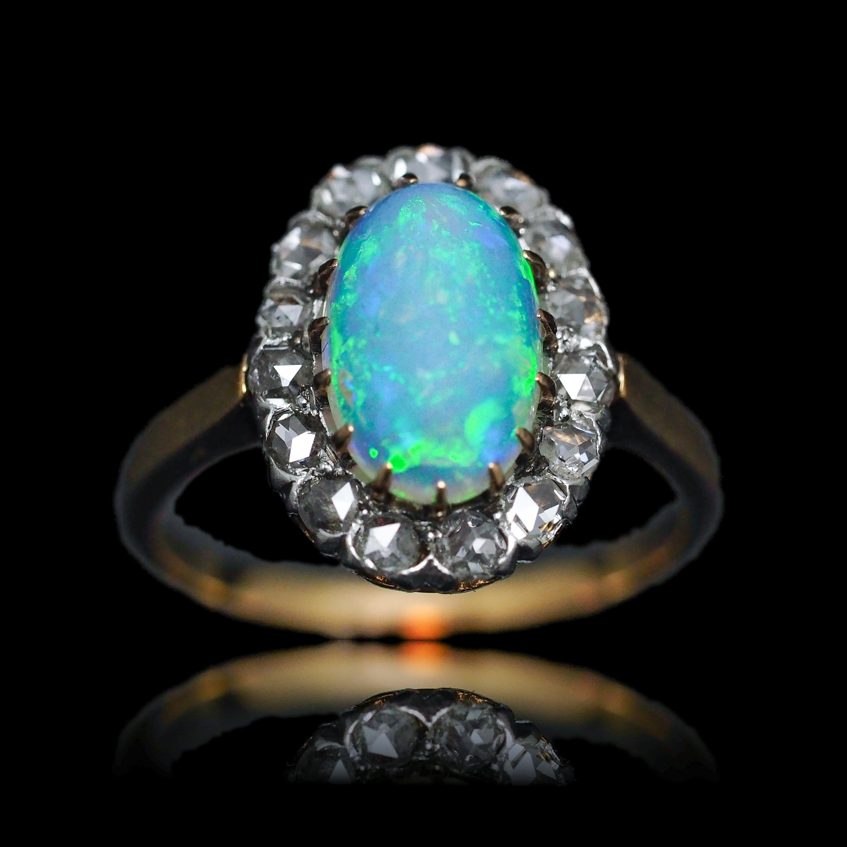 Antiker viktorianischer Opal-Cabochon & Diamant-Cluster-Ring 18K Gold - ca. 1880 im Angebot 11