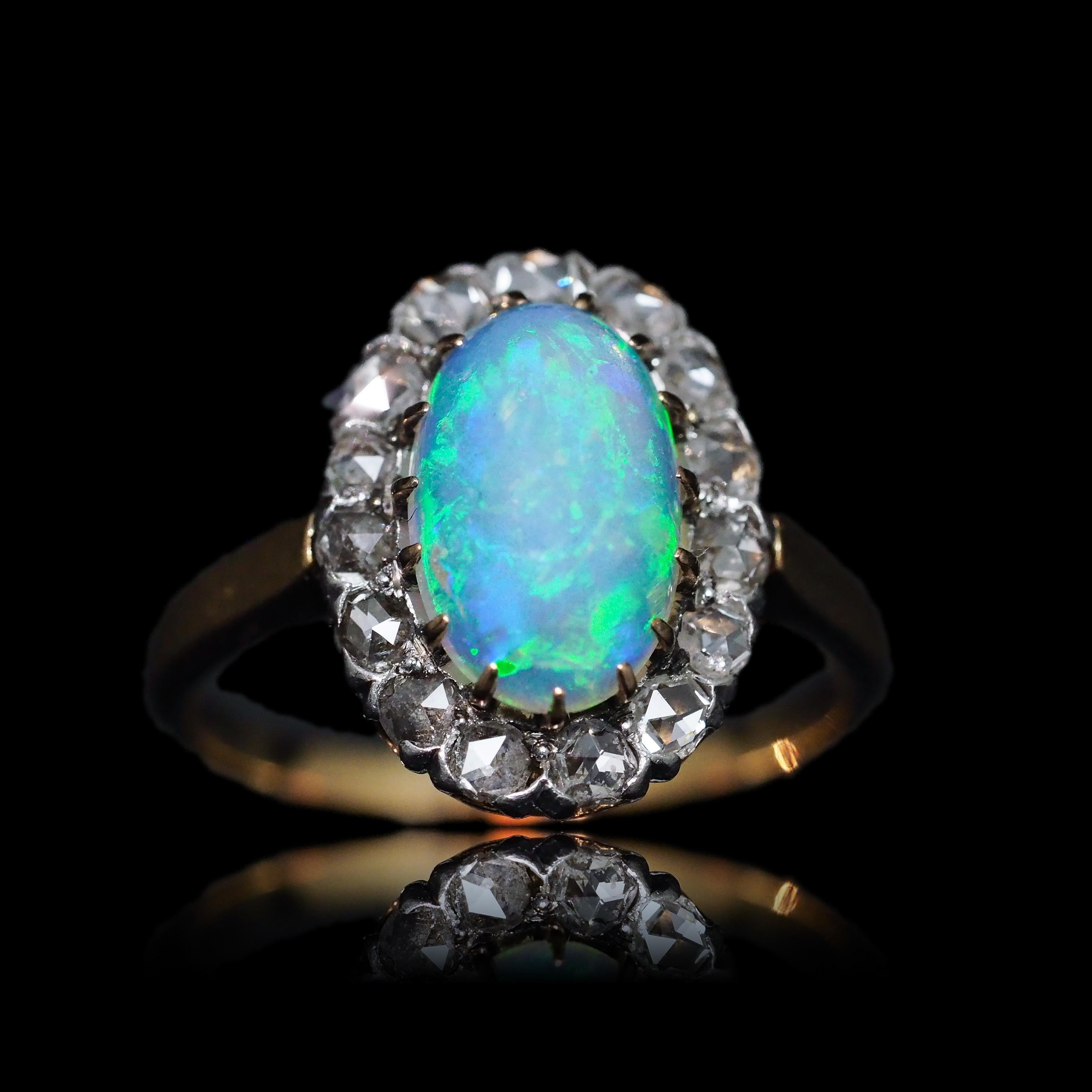 Antiker viktorianischer Opal-Cabochon & Diamant-Cluster-Ring 18K Gold - ca. 1880 im Angebot 12