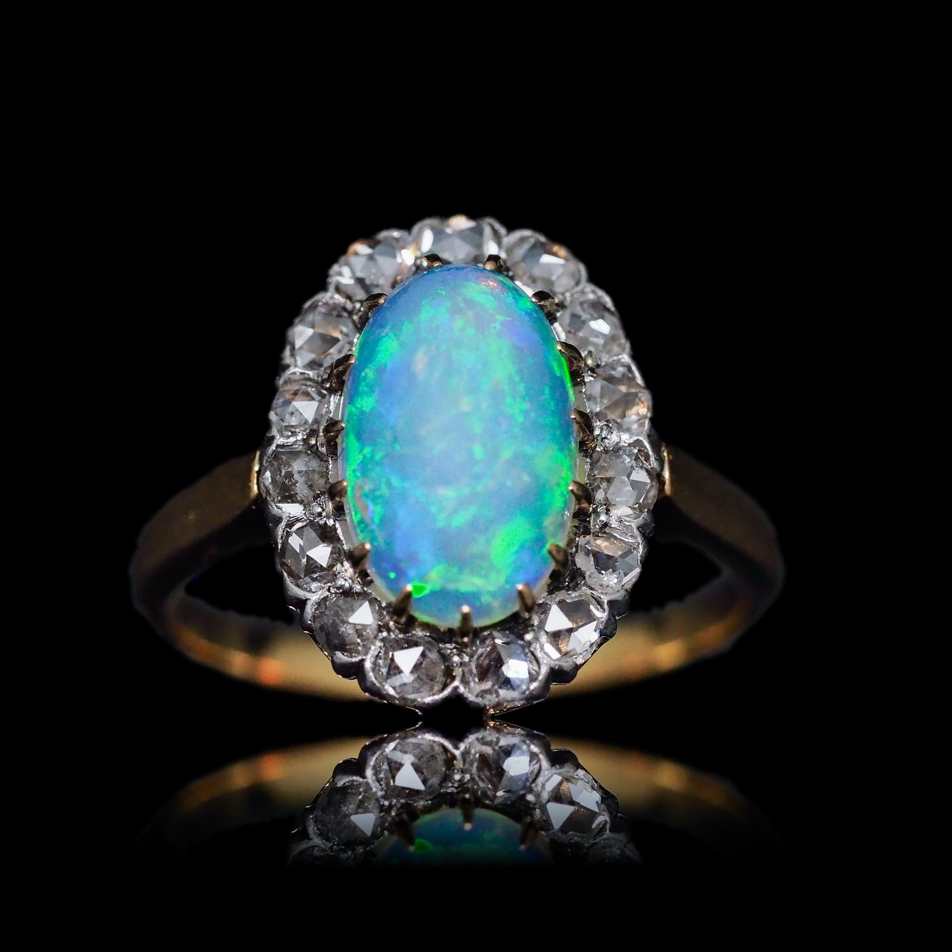 Antiker viktorianischer Opal-Cabochon & Diamant-Cluster-Ring 18K Gold - ca. 1880 im Angebot 13