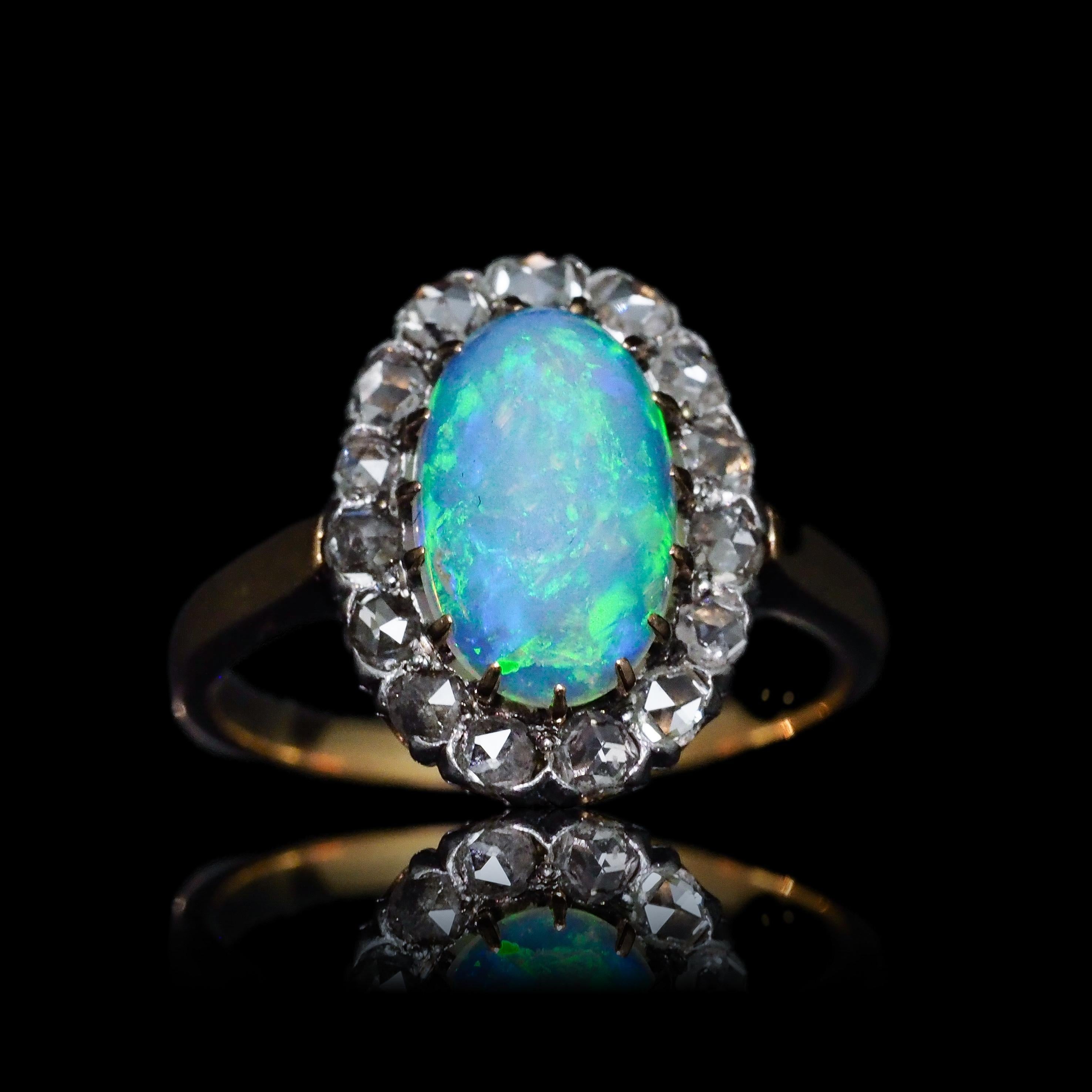 Antiker viktorianischer Opal-Cabochon & Diamant-Cluster-Ring 18K Gold - ca. 1880 im Angebot 2