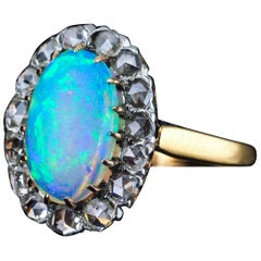 Antique Victorian Opal Cabochon & Diamond Cluster Ring 18K Gold - c.1880