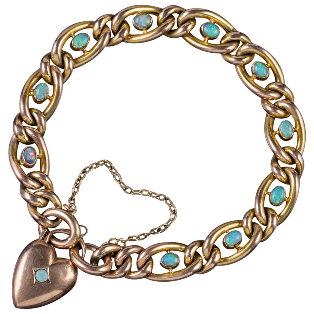 Antique Victorian Opal Curb Bracelet 9 Carat Gold Heart Padlock, circa 1900 For Sale