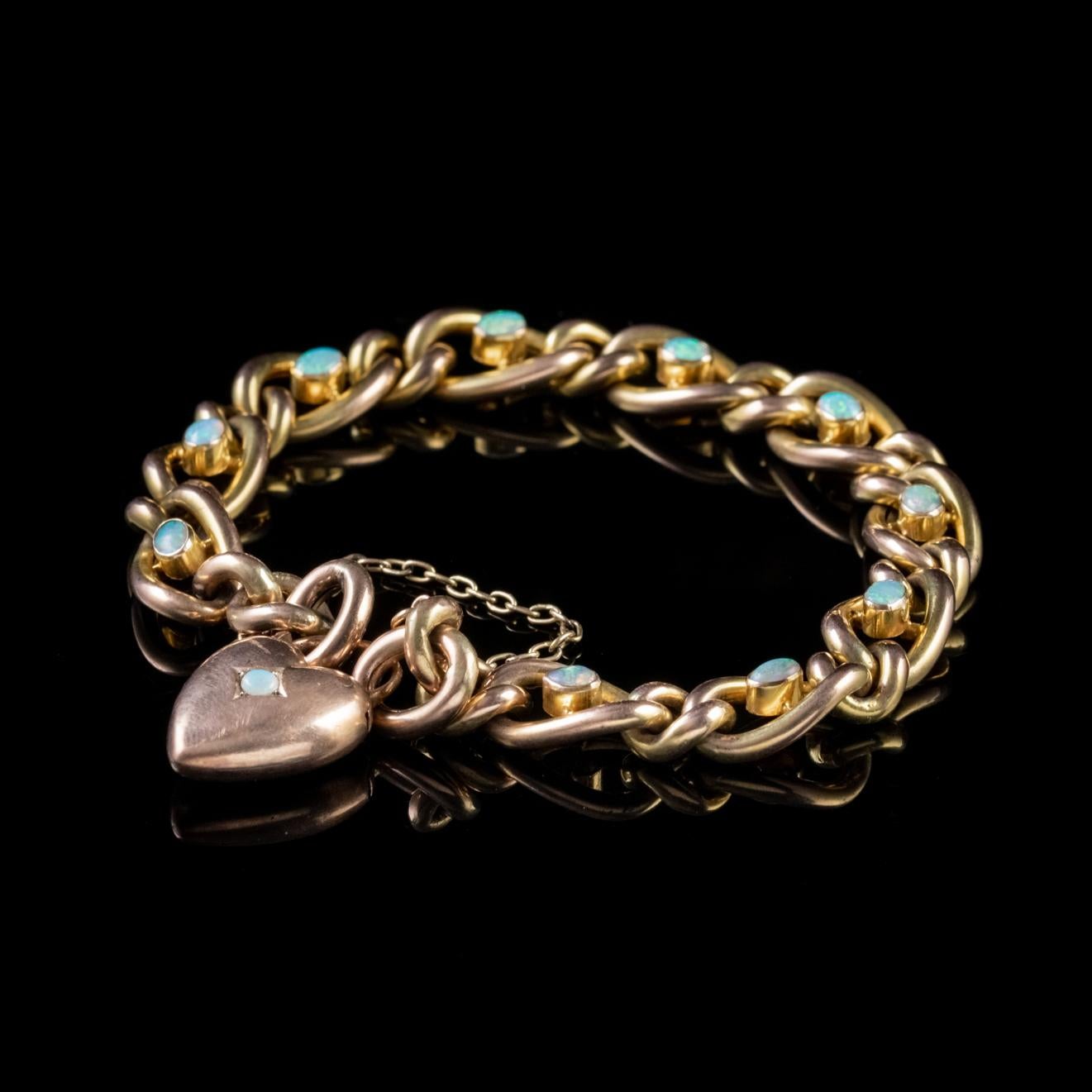 Late Victorian Antique Victorian Opal Curb Bracelet 9 Carat Gold Heart Padlock, circa 1900 For Sale
