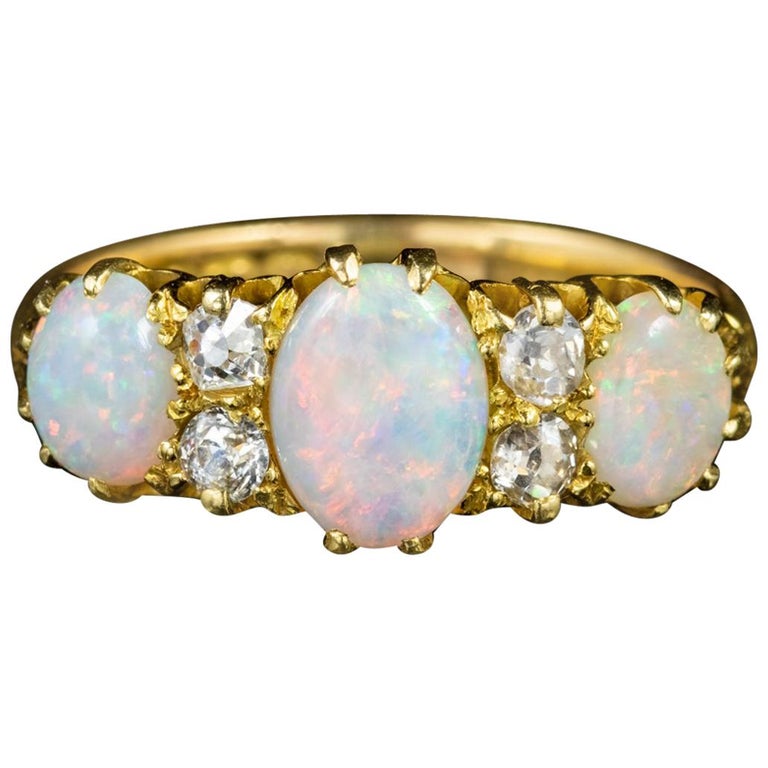 Antique Victorian Opal Diamond 18 Carat Gold circa 1880 Trilogy Ring at