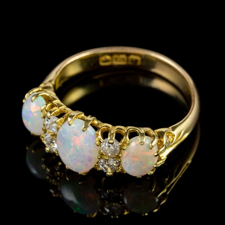 Antique Victorian Opal Diamond 18 Carat Gold circa 1880 Trilogy Ring at