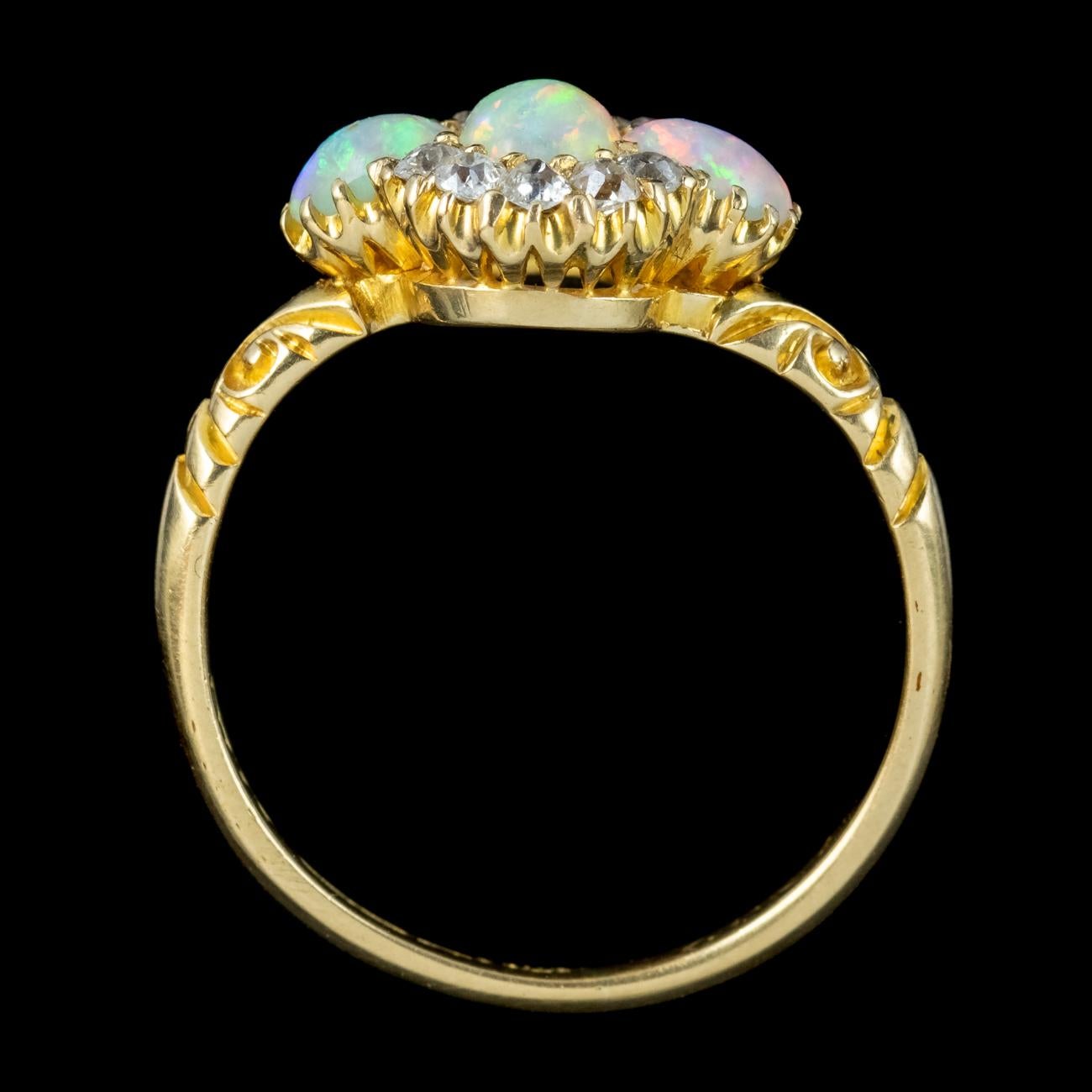 Cabochon Antique Victorian Opal Diamond Cluster Ring Dated 1886 For Sale