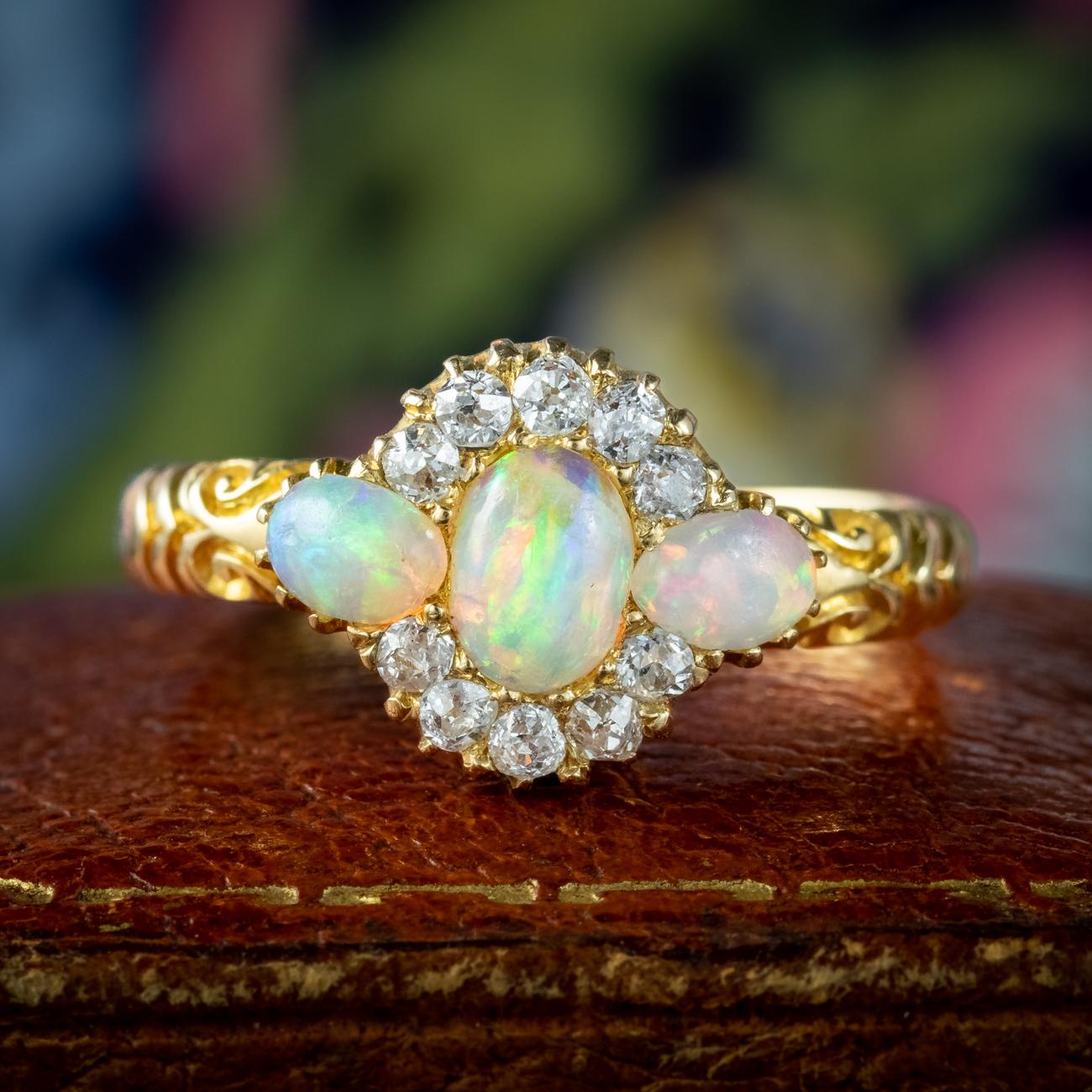Antique Victorian Opal Diamond Cluster Ring Dated 1886 For Sale 1