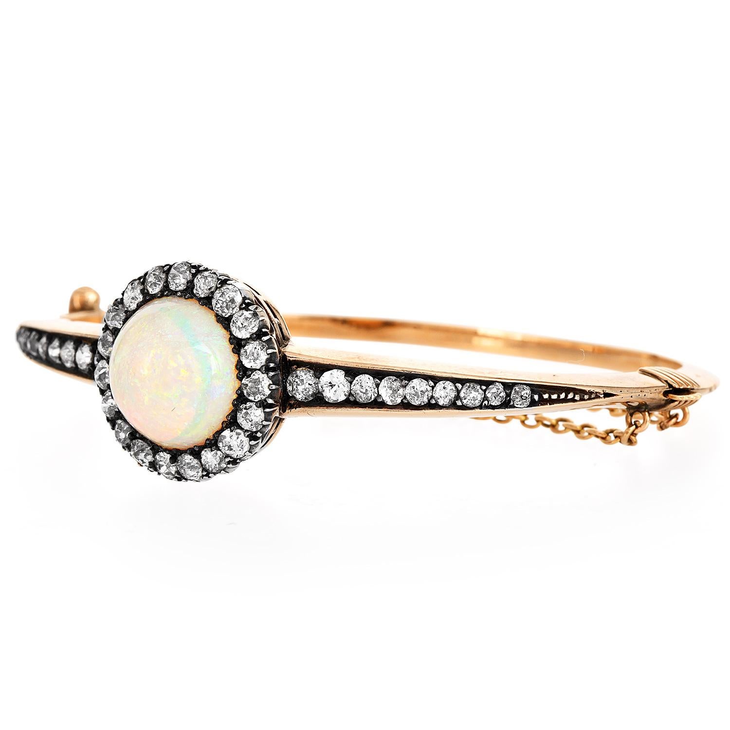 Late Victorian Antique Victorian Opal Diamond Gold Bangle Bracelet   For Sale
