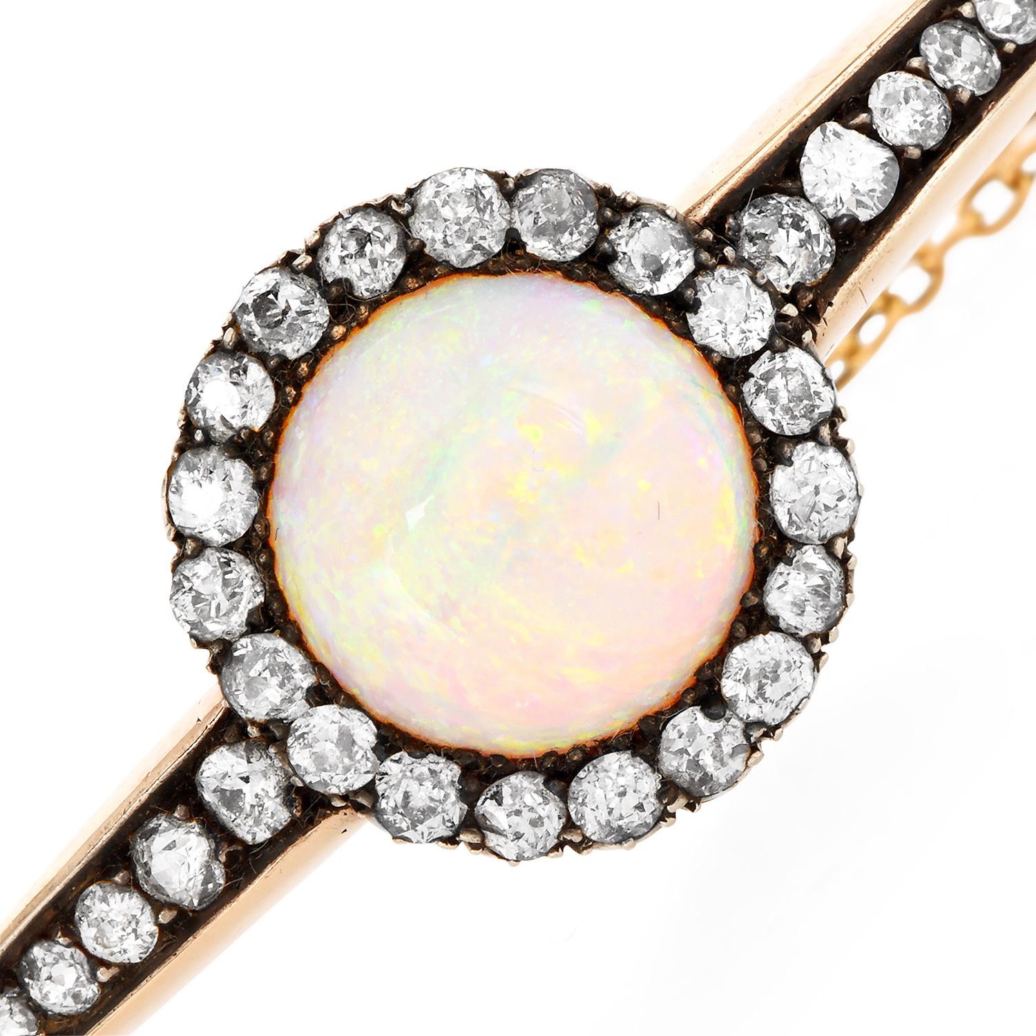 Cabochon Antique Victorian Opal Diamond Gold Bangle Bracelet   For Sale