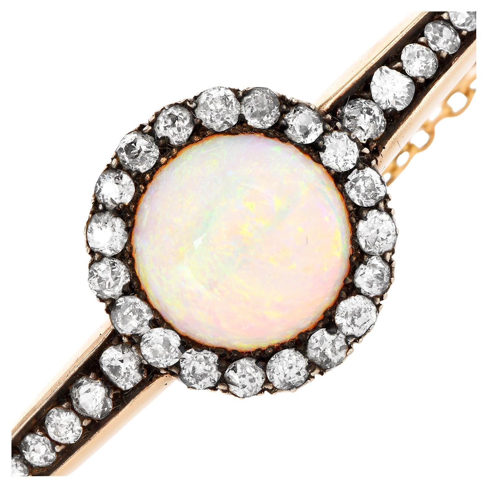 Antique Victorian Opal Diamond Gold Bangle Bracelet   For Sale