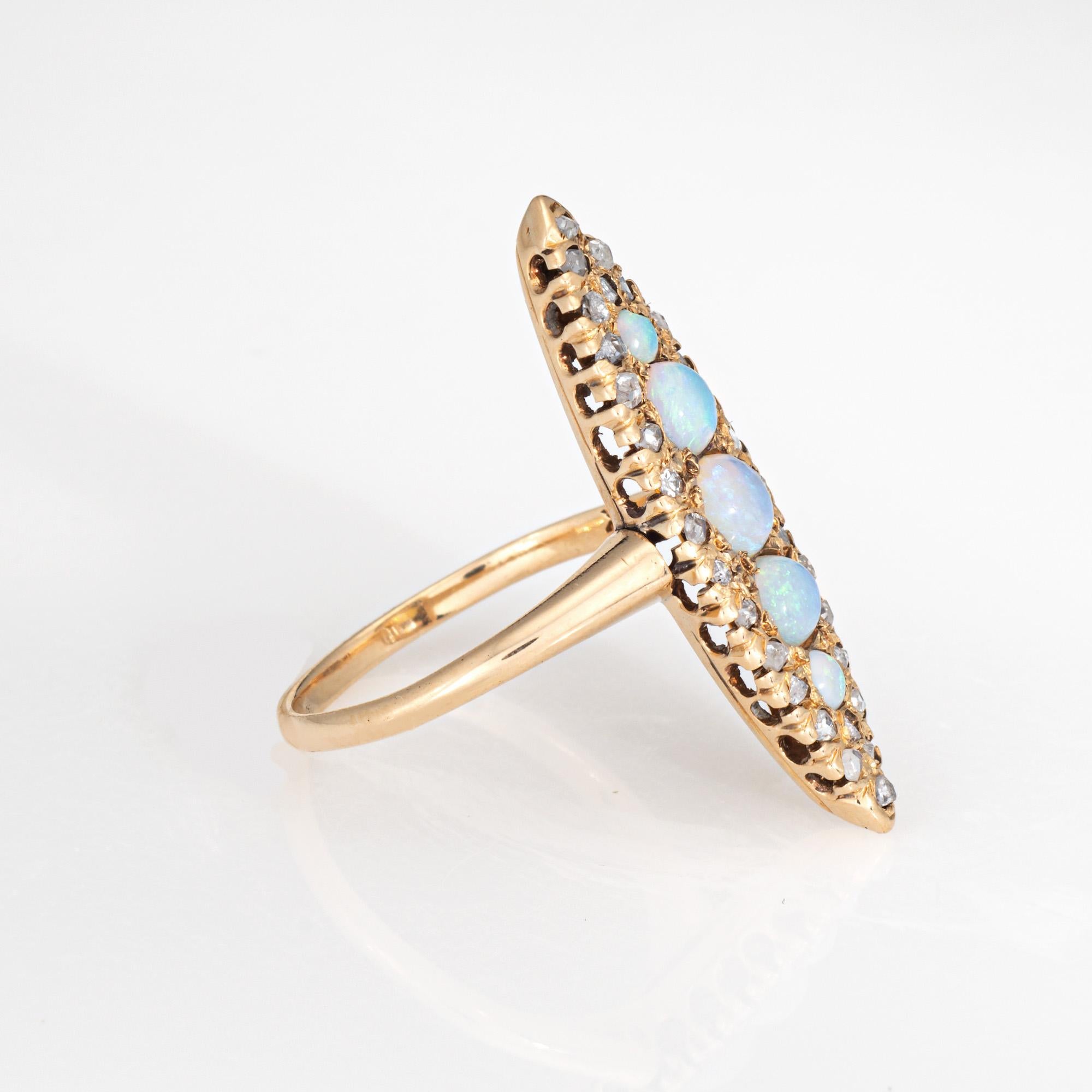 Victorien Bague victorienne ancienne Opale Diamant Navette Or Jaune 14k Sz 6 Fine Jewelry en vente