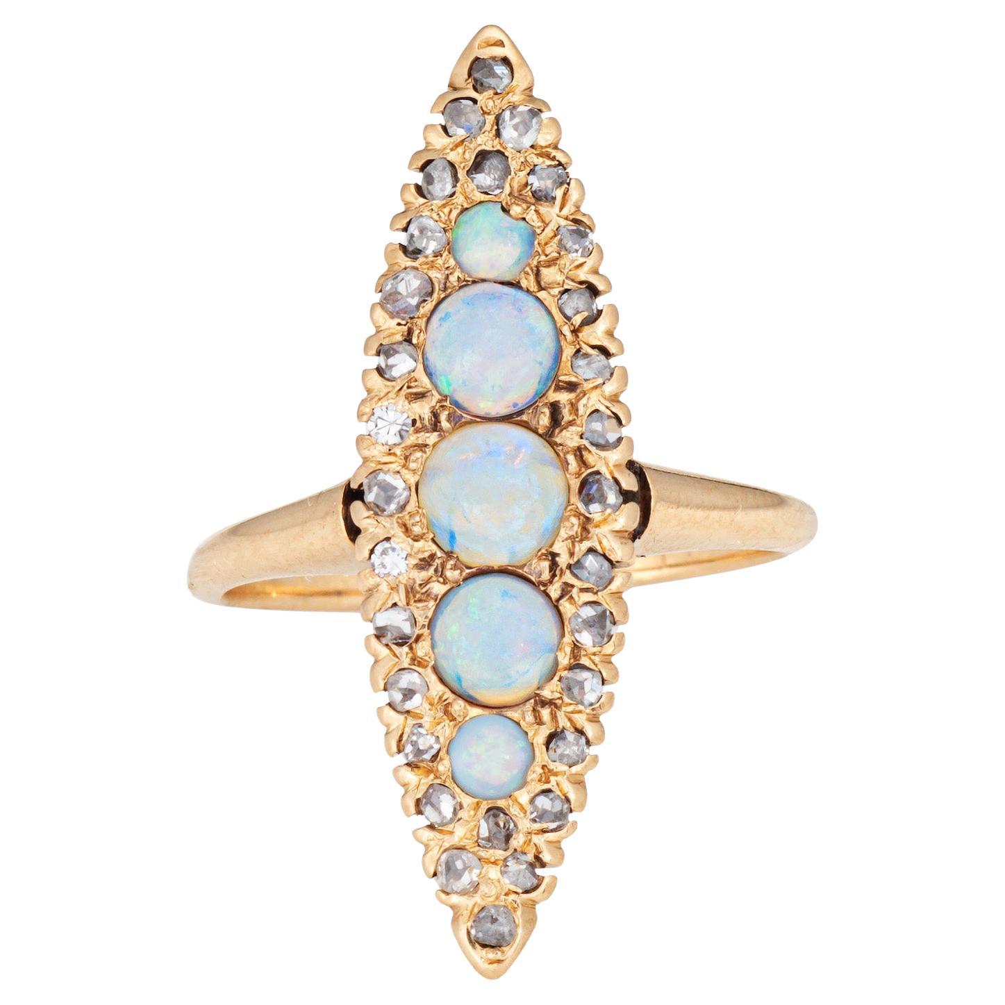 Bague victorienne ancienne Opale Diamant Navette Or Jaune 14k Sz 6 Fine Jewelry en vente