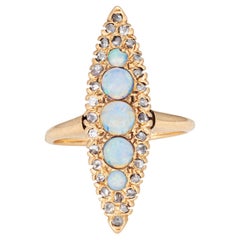 Bague victorienne ancienne Opale Diamant Navette Or Jaune 14k Sz 6 Fine Jewelry