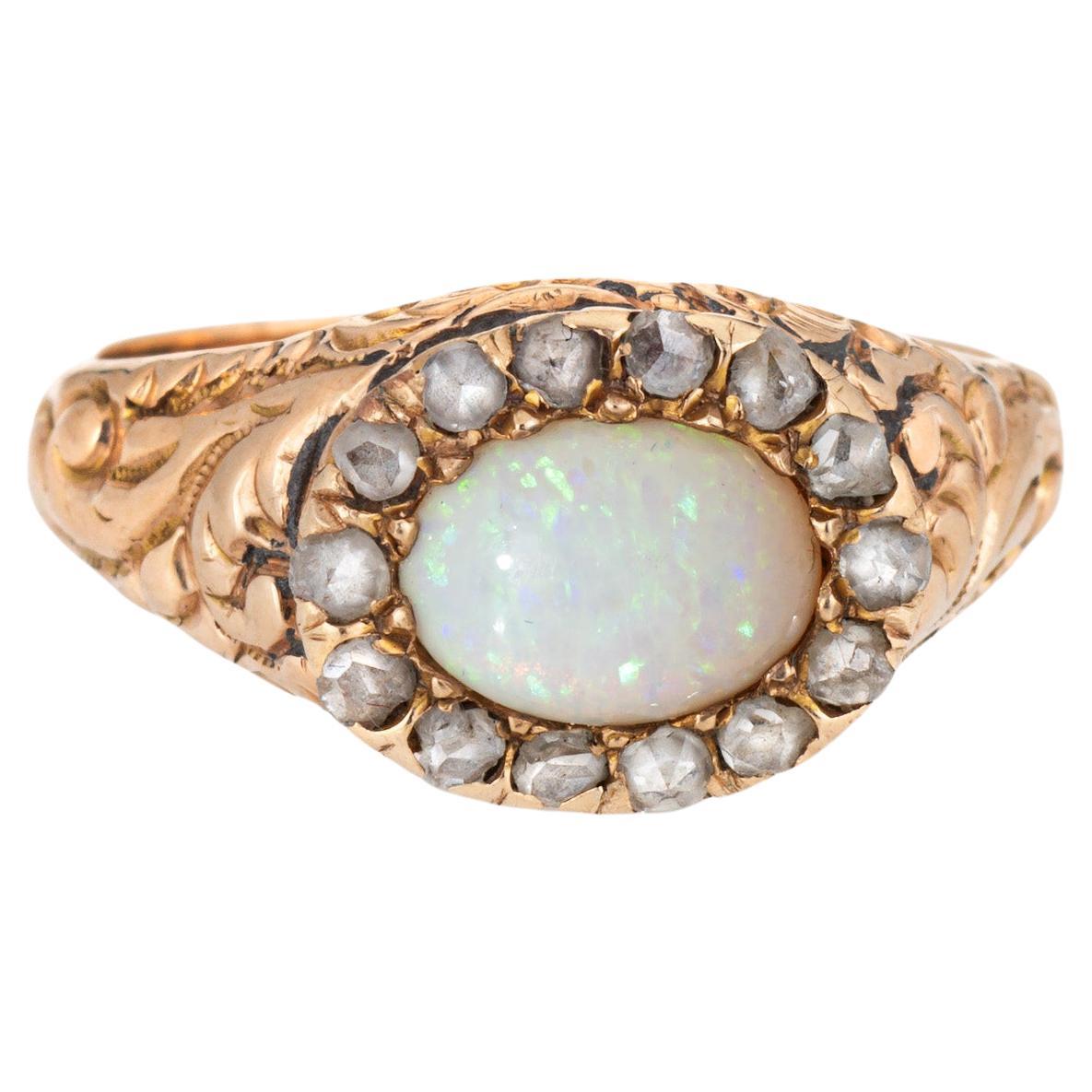 Antique Victorian Opal Diamond Ring 14k Yellow Gold Sz 5.75 Fine Vintage Jewelry For Sale