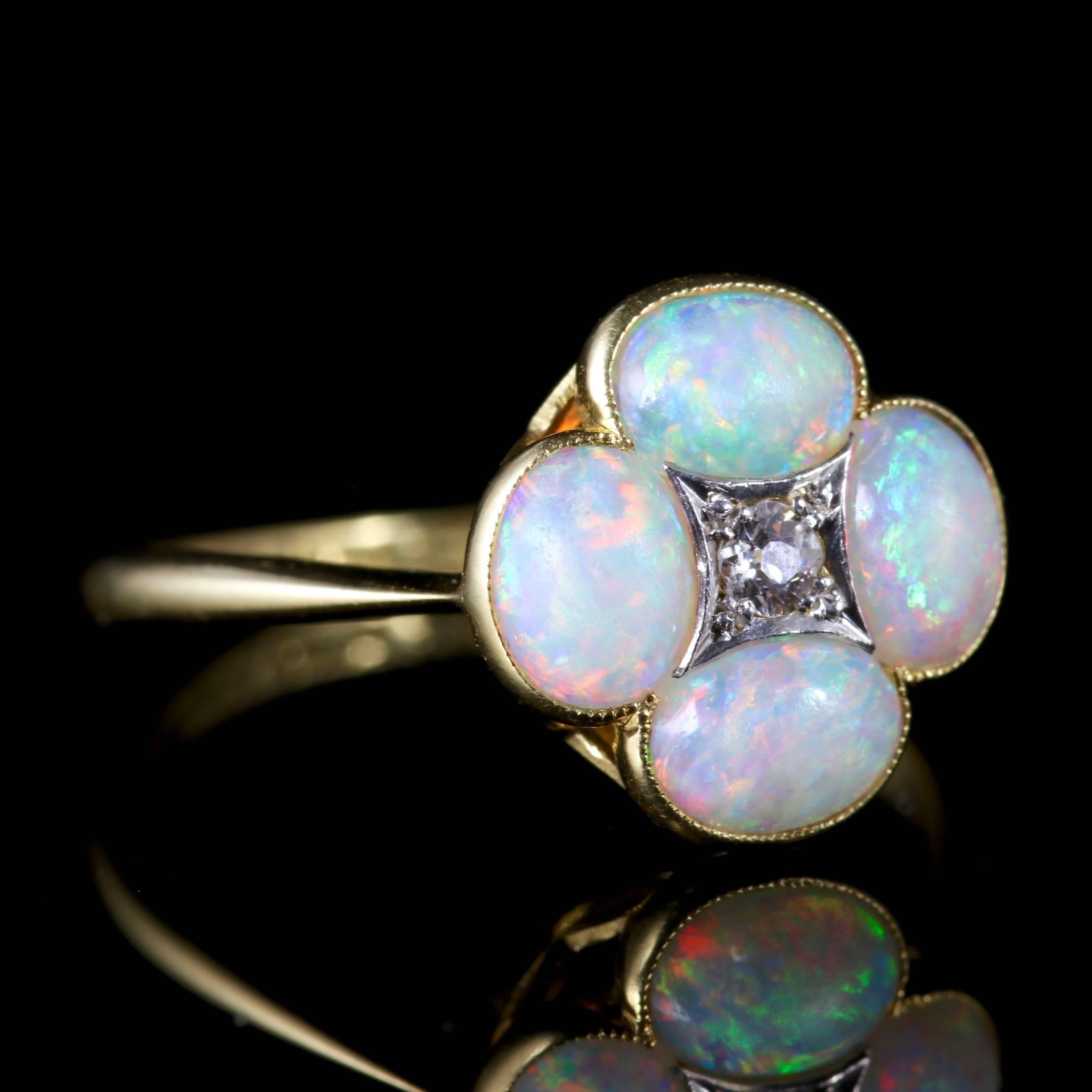 This fabulous Victorian ring boasts natural Opals, Circa 1880.

Four Opals are set into this beautiful ring, with a old cushion cut Diamond in the centre.

The lovely natural Opal is a kaleidoscope of rainbow colours shimmering and changing colours