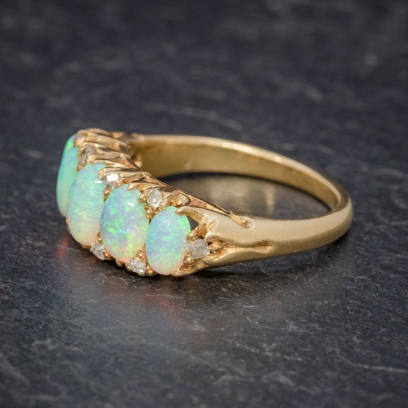 Late Victorian Antique Victorian Opal Diamond Ring 18 Carat Gold circa 1880 Boxed For Sale