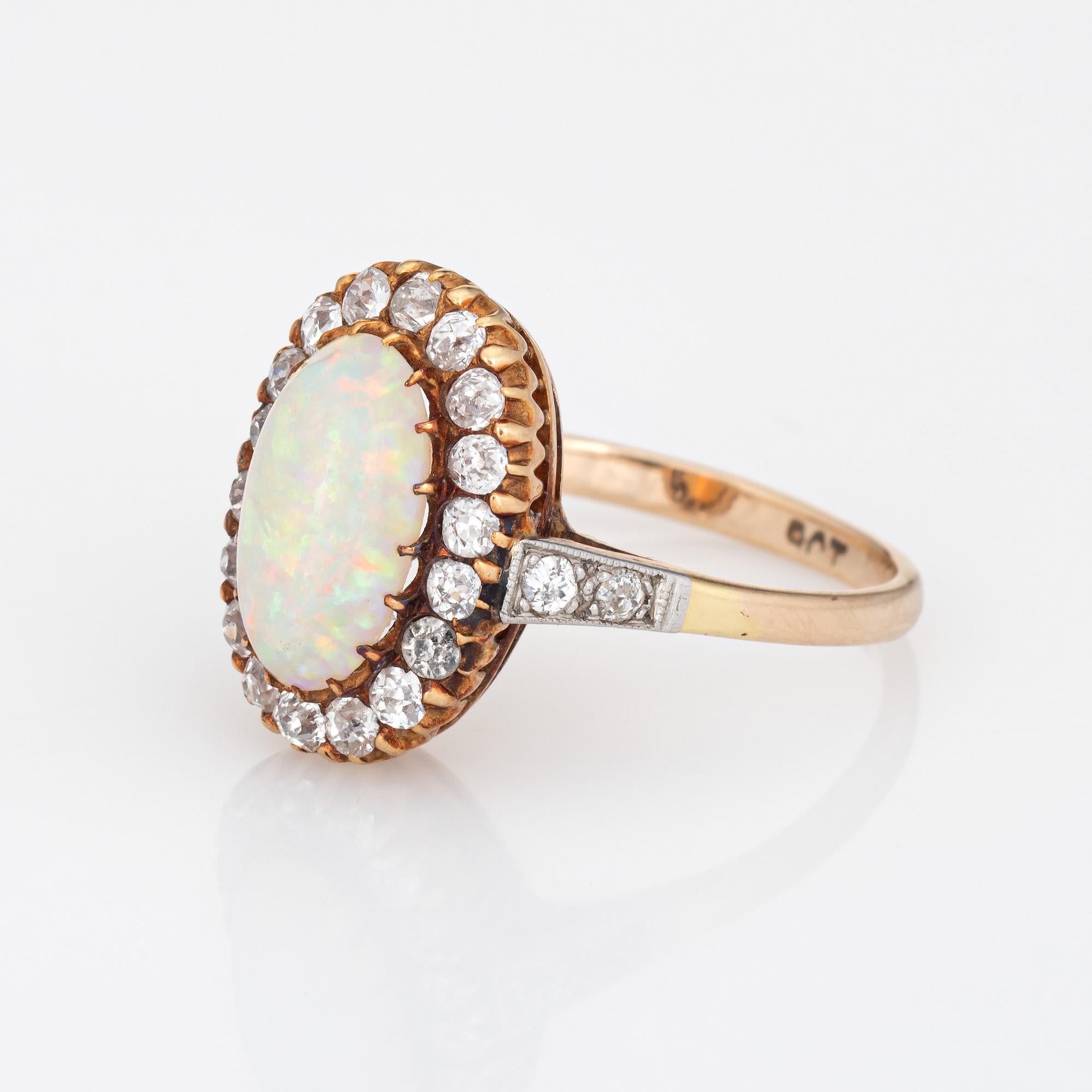 Antique Victorian Opal Diamond Ring 9k Yellow Gold Oval Vintage Fine Jewelry In Good Condition For Sale In Torrance, CA
