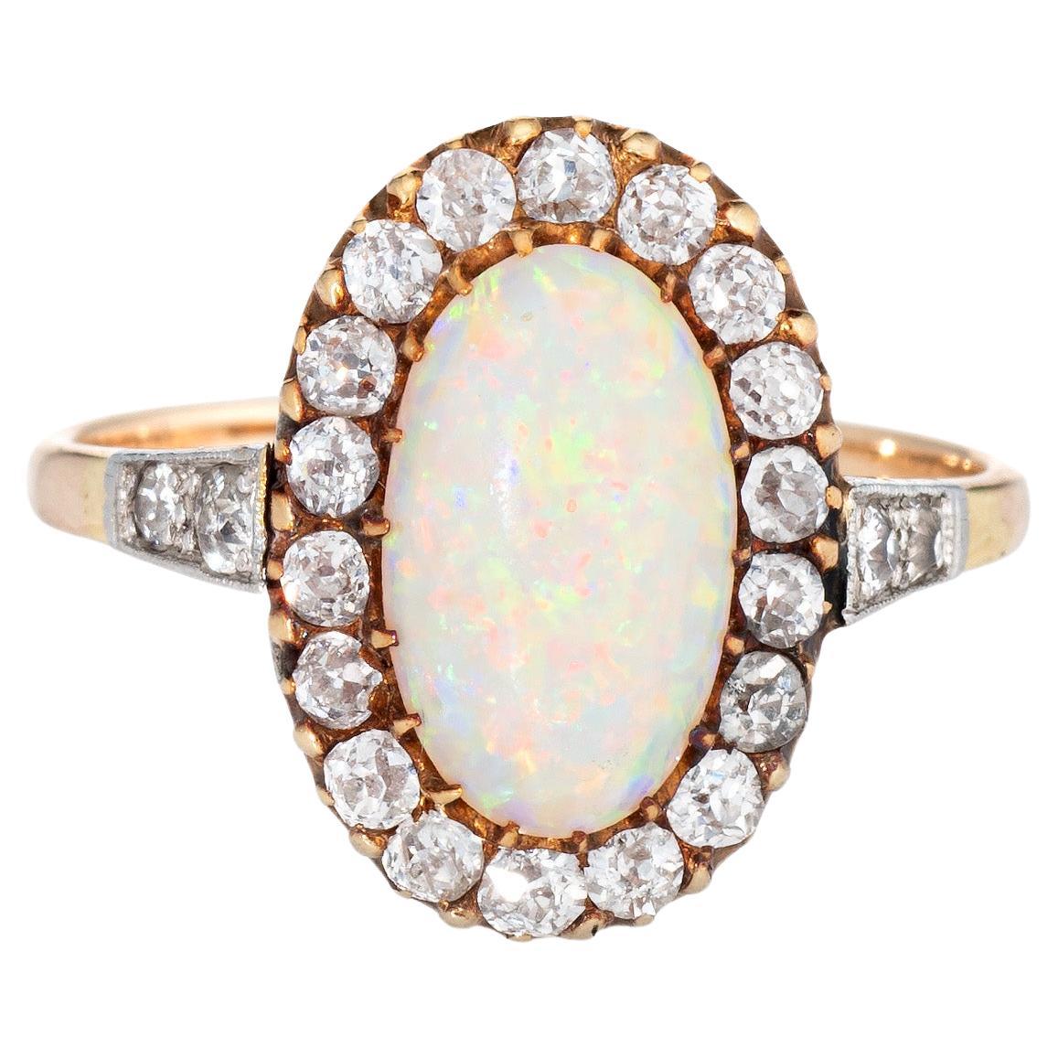 Antique Victorian Opal Diamond Ring 9k Yellow Gold Oval Vintage Fine Jewelry For Sale