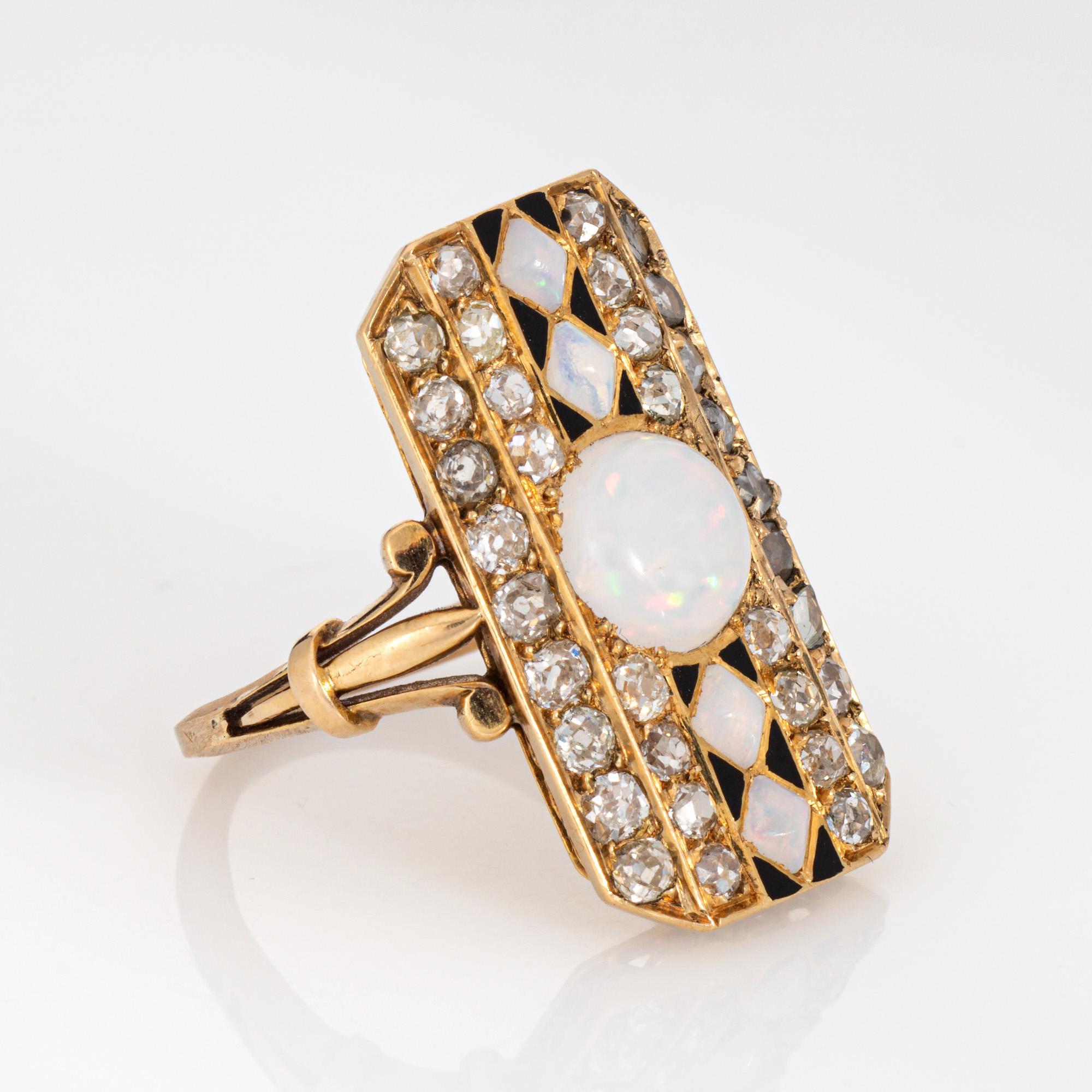 Victorien Antique Victorian Opal Diamond Ring Enamel 18k Yellow Gold 5.5 Cocktail Jewelry en vente