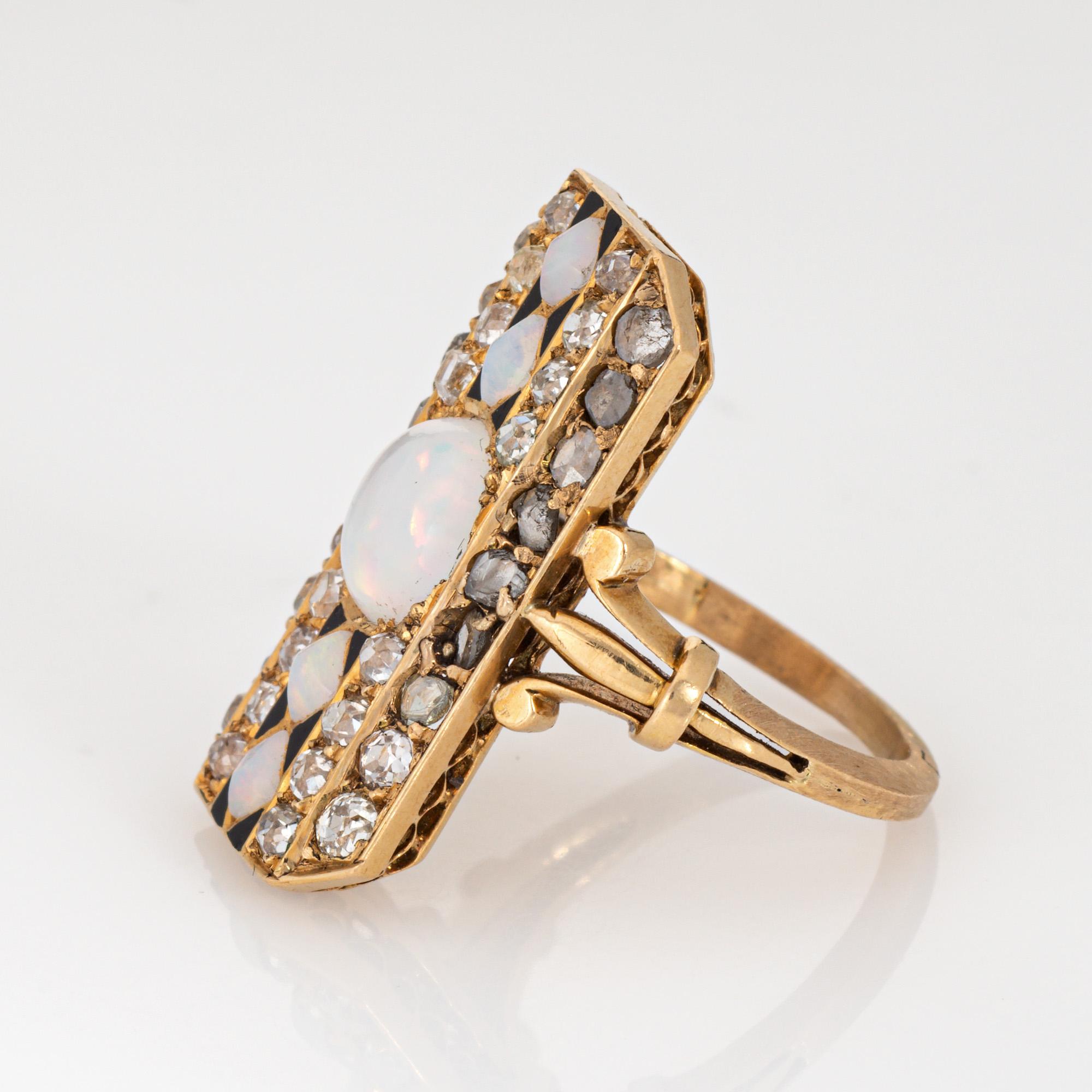 Taille cabochon Antique Victorian Opal Diamond Ring Enamel 18k Yellow Gold 5.5 Cocktail Jewelry en vente