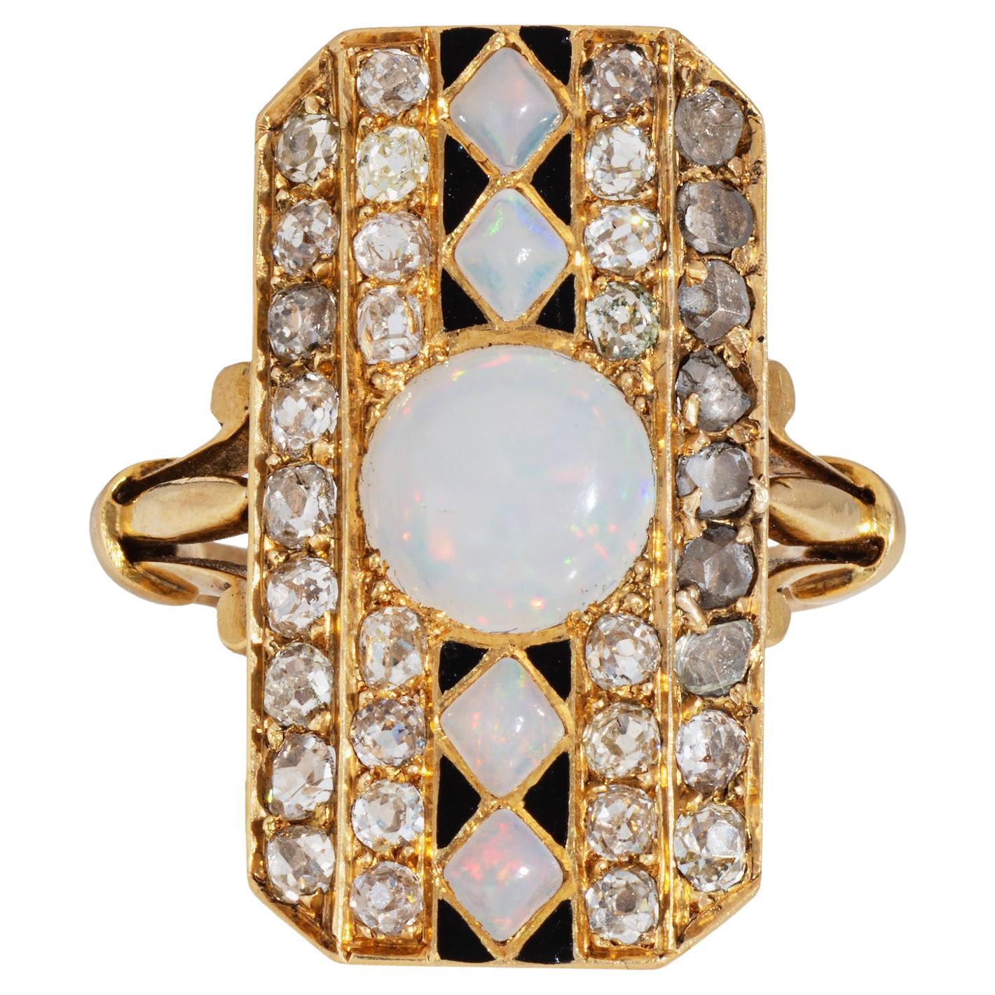 Antique Victorian Opal Diamond Ring Enamel 18k Yellow Gold 5.5 Cocktail Jewelry