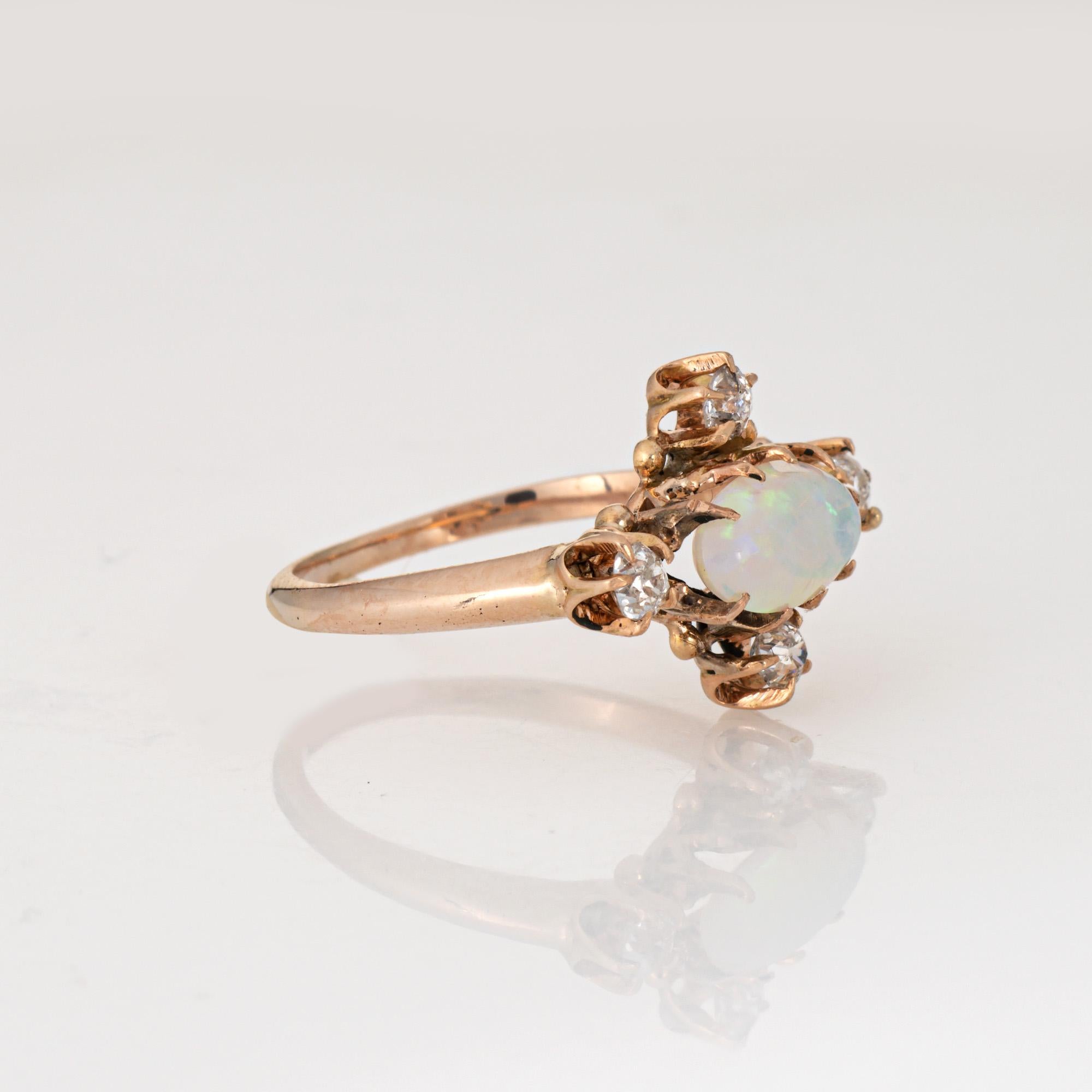 Cabochon Antique Victorian Opal Diamond Ring Sz 5 14k Yellow Gold East West Jewelry For Sale