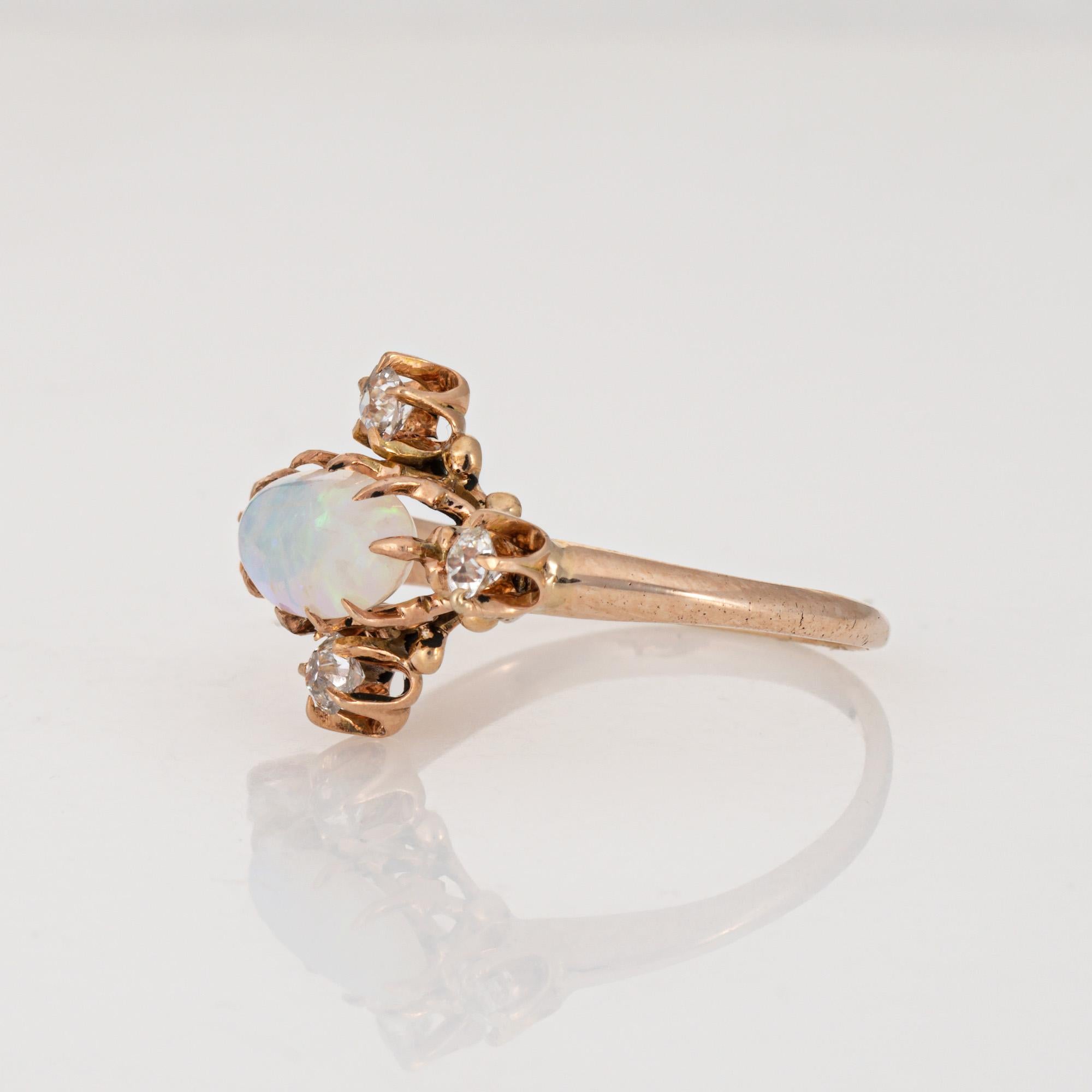 Antique Victorian Opal Diamond Ring Sz 5 14k Yellow Gold East West Jewelry In Good Condition For Sale In Torrance, CA