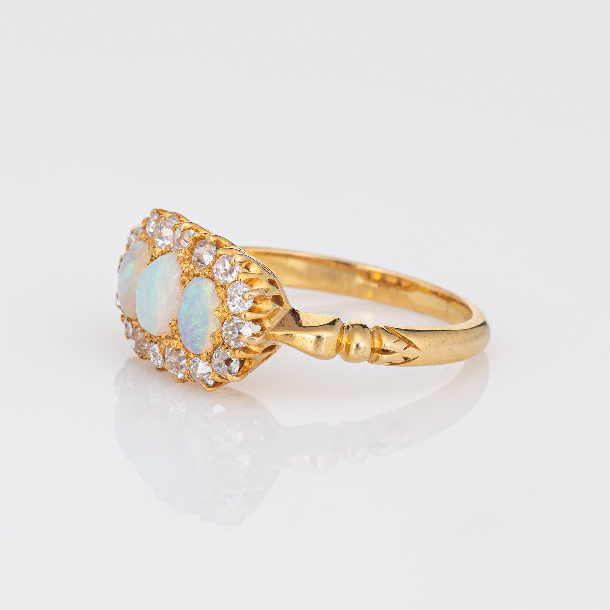 Cabochon Antique Victorian Opal Diamond Ring Trilogy 18k Yellow Gold Vintage Fine Jewelry