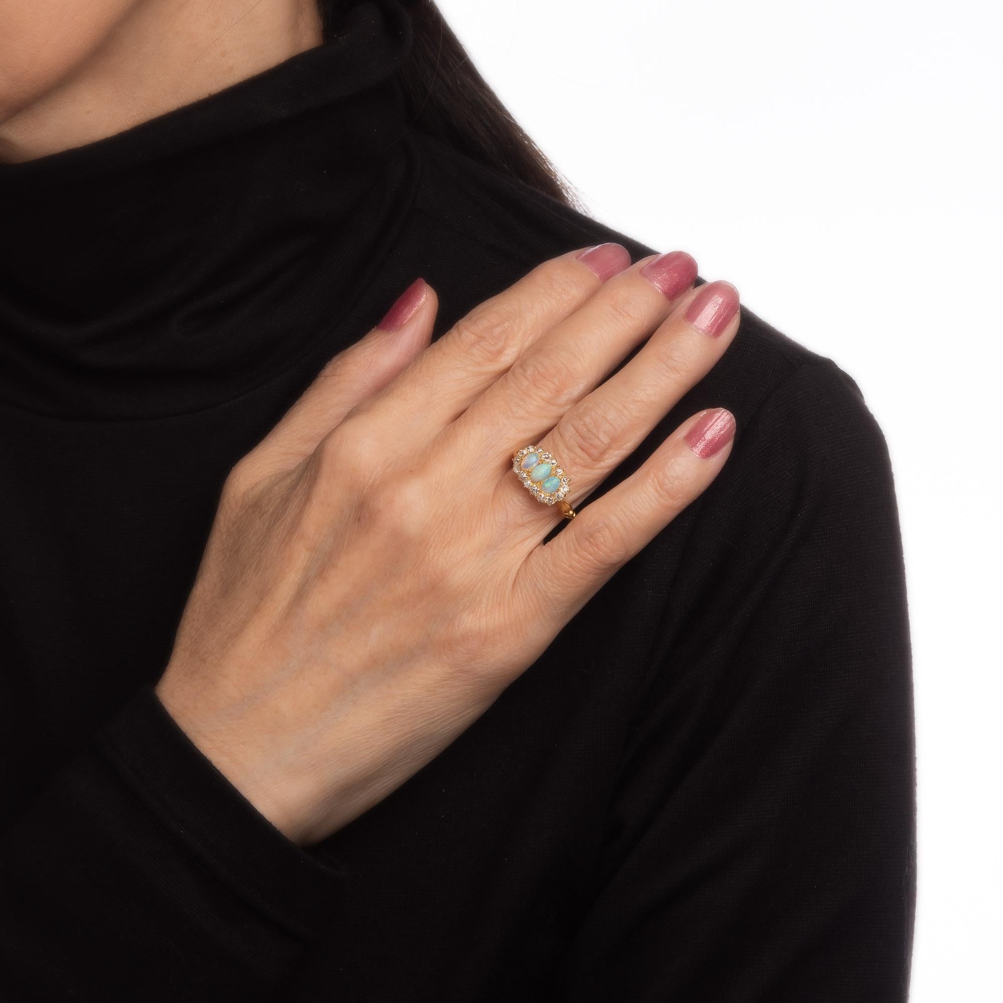 Women's Antique Victorian Opal Diamond Ring Trilogy 18k Yellow Gold Vintage Fine Jewelry