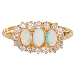 Antique Victorian Opal Diamond Ring Trilogy 18k Yellow Gold Vintage Fine Jewelry
