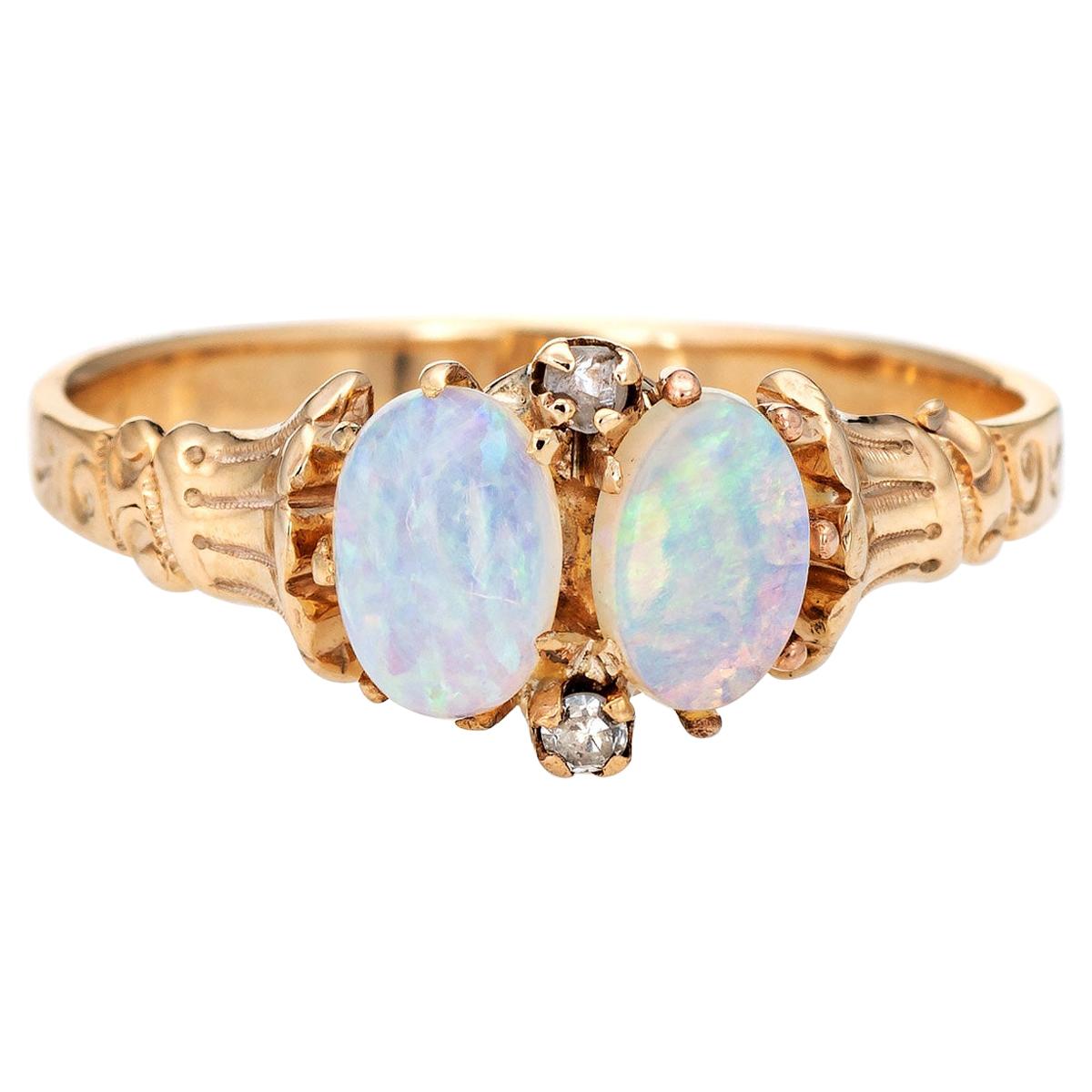 Antique Victorian Opal Diamond Ring Two-Stone 10 Karat Gold Vintage Jewelry