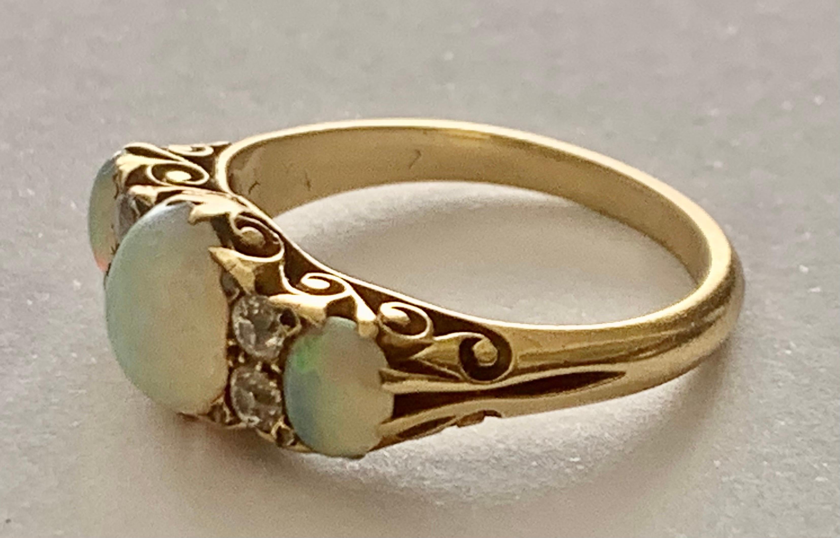 Antique Victorian Opal Diamond Trilogy Ring 18ct Gold, Circa 1900 8
