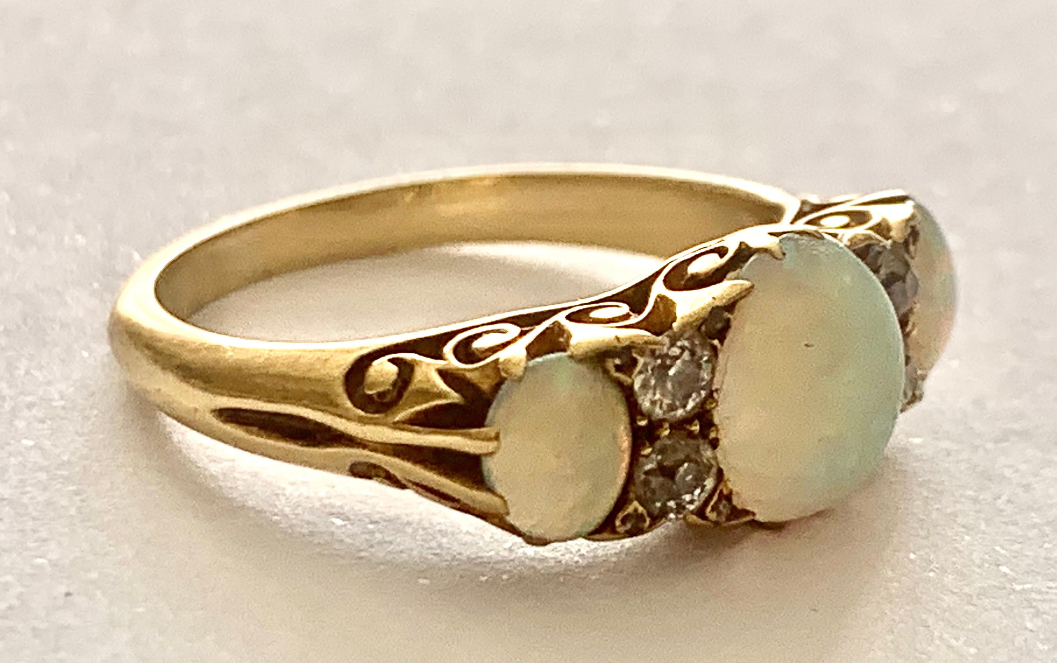 Antique Victorian Opal Diamond Trilogy Ring 18ct Gold, Circa 1900 9