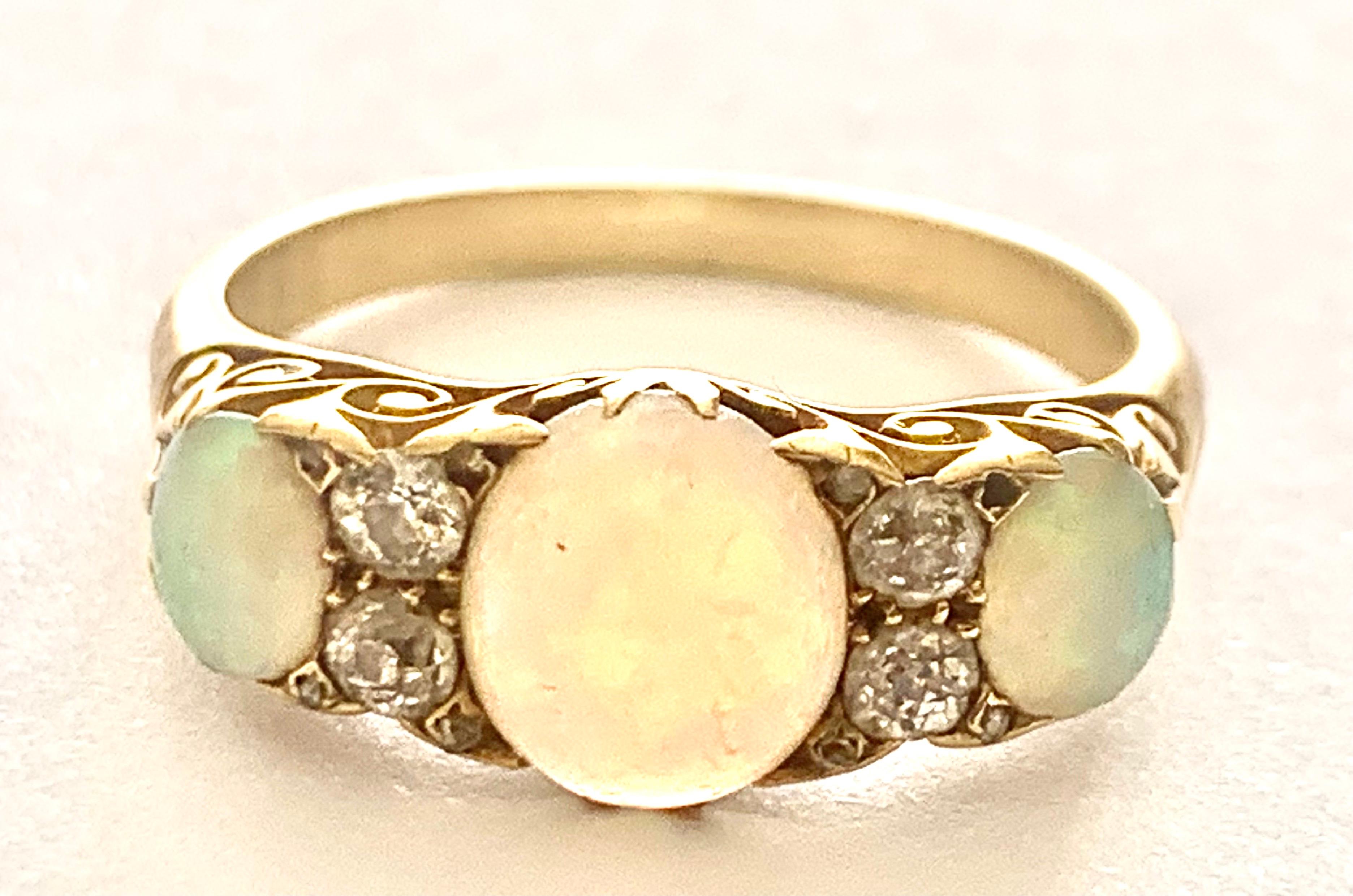 Antique Victorian Opal Diamond Trilogy Ring 18ct Gold, Circa 1900 10