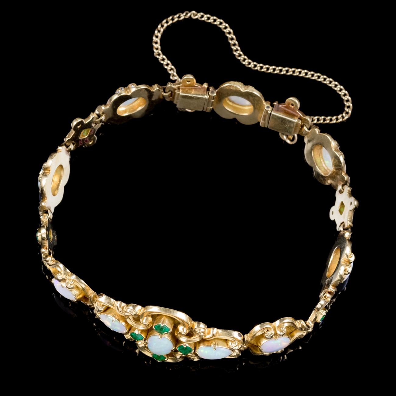 Women's Antique Victorian Opal Emerald Bracelet 18 Carat Gold, circa 1860