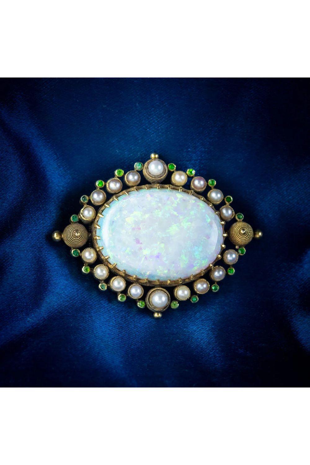 Antique Victorian Opal Garnet Pearl Brooch in 15 Carat Gold with 25 Carat Opal In Good Condition For Sale In Kendal, GB