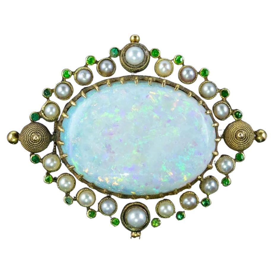 Antique Victorian Opal Garnet Pearl Brooch in 15 Carat Gold with 25 Carat Opal For Sale