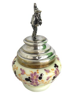 Antique Victorian Opal Glass Biscuit Jar Box Hand Painted Floral Motif Gnome Lid