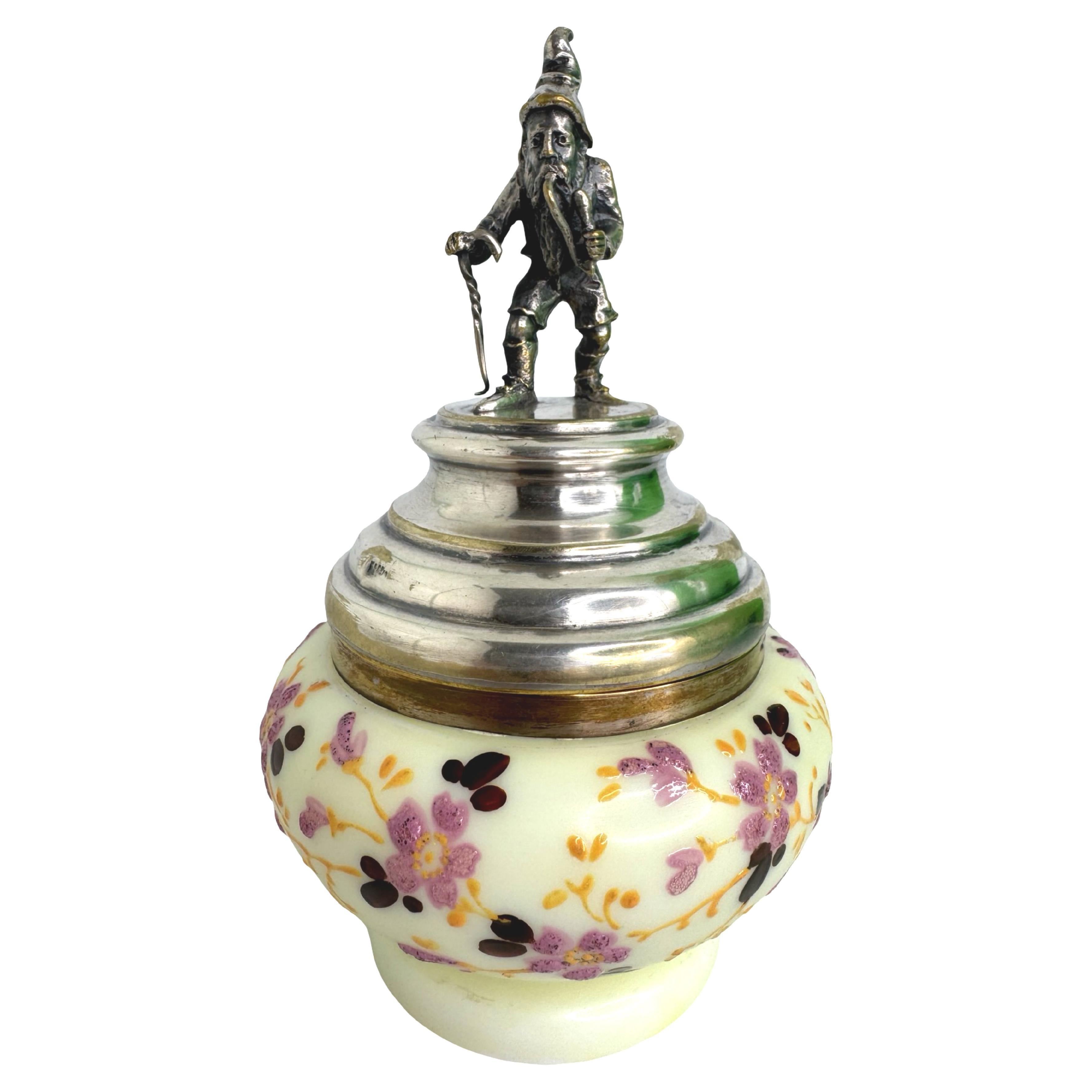 Antique Victorian Opal Glass Biscuit Jar Box Hand Painted Floral Motif Gnome Lid For Sale