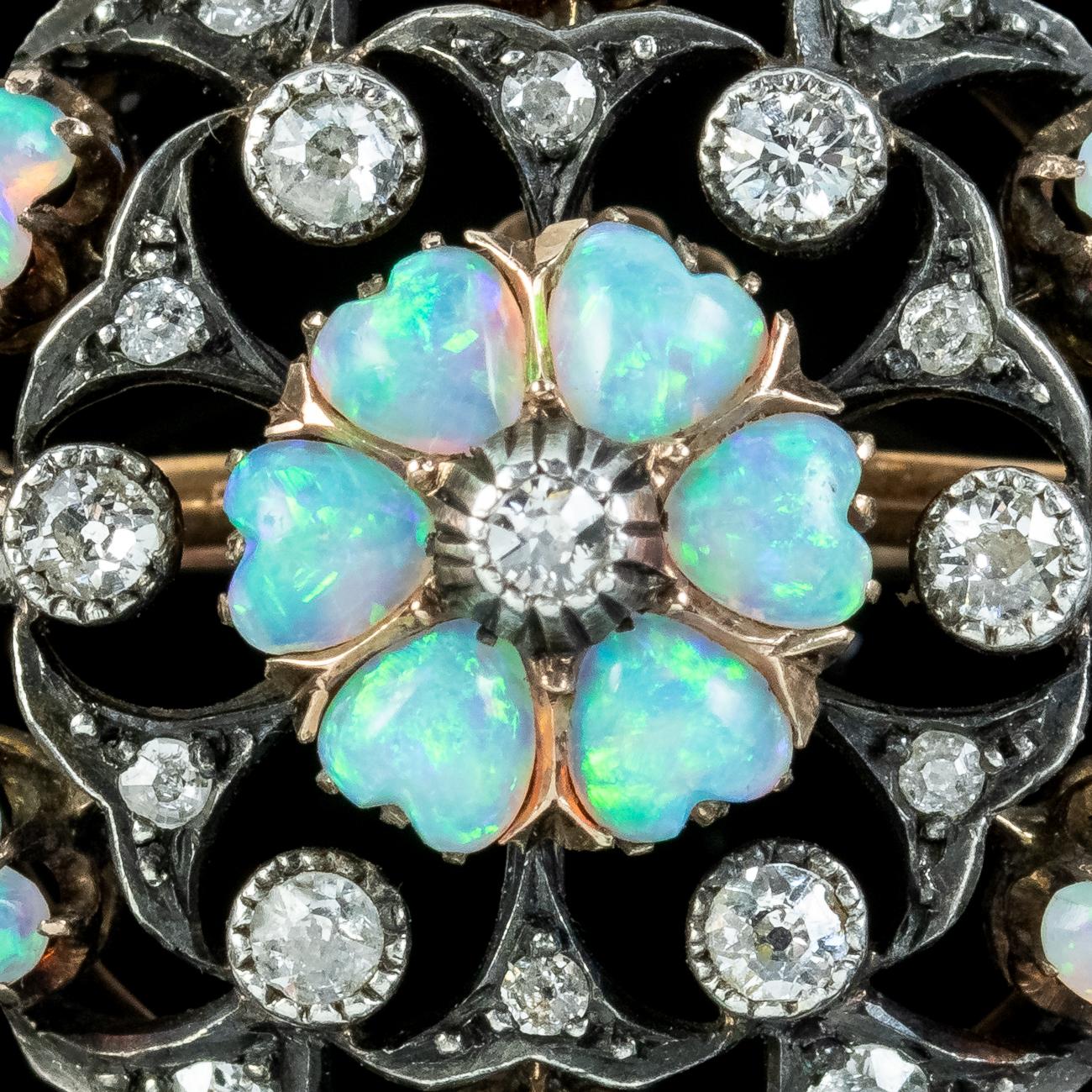 Women's Antique Victorian Opal Heart Diamond Flower Brooch Silver 18ct Gold For Sale