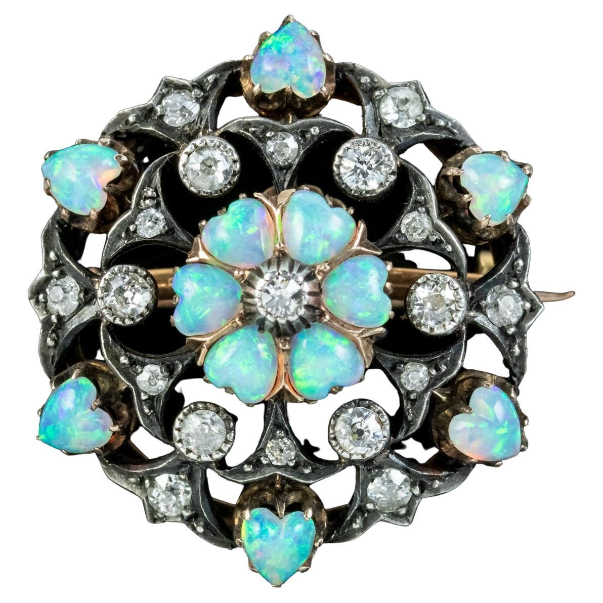 Antique Victorian Opal Heart Diamond Flower Brooch Silver 18ct Gold For Sale