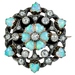 Antique Victorian Opal Heart Diamond Flower Brooch Silver 18ct Gold
