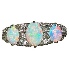 Antique Victorian Opal Old Cut Diamond Ring, Circa 1890s, 18ct Gold